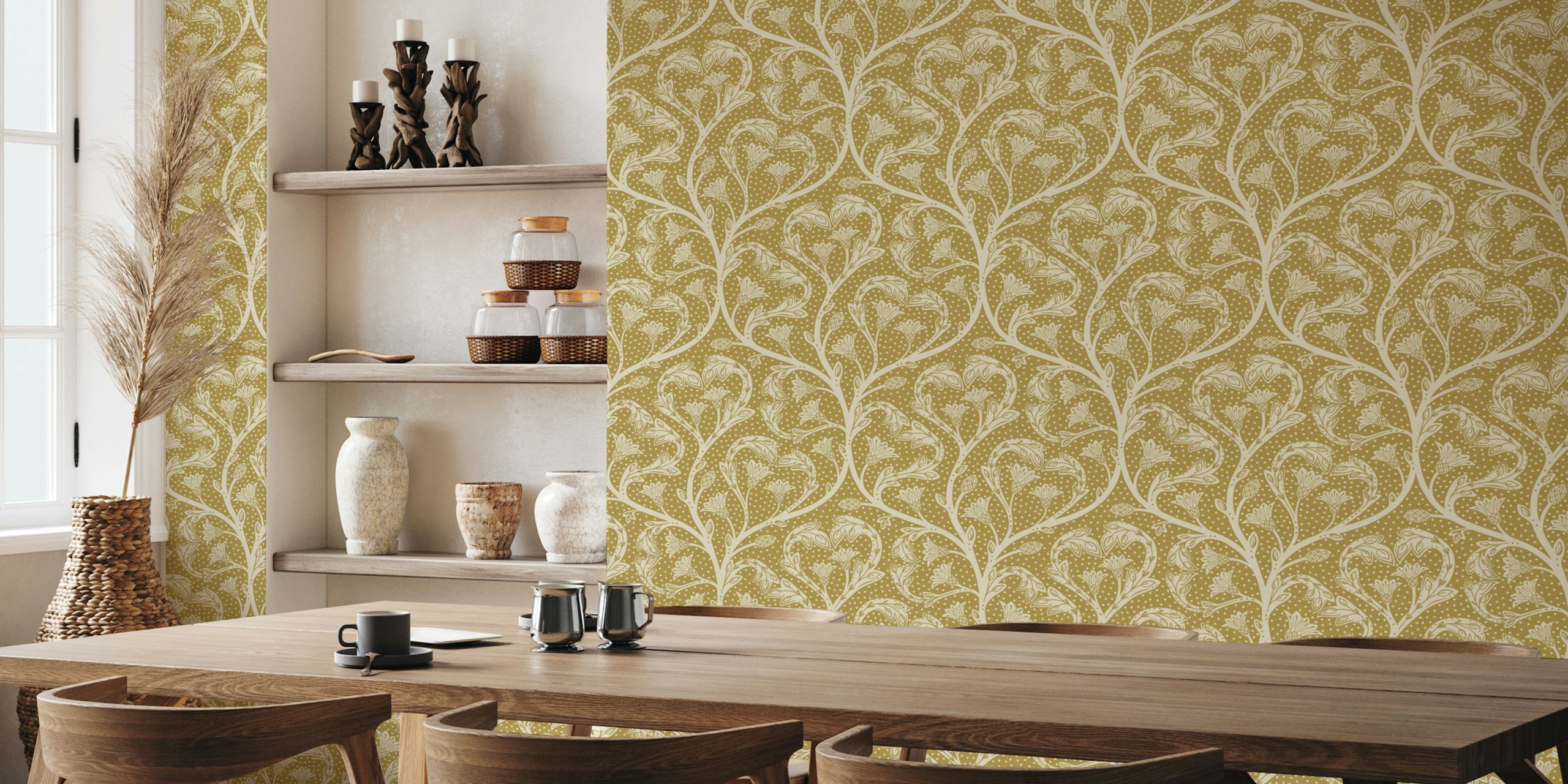Floral pattern with dandelion motifs in gold and cream colors wallpaper