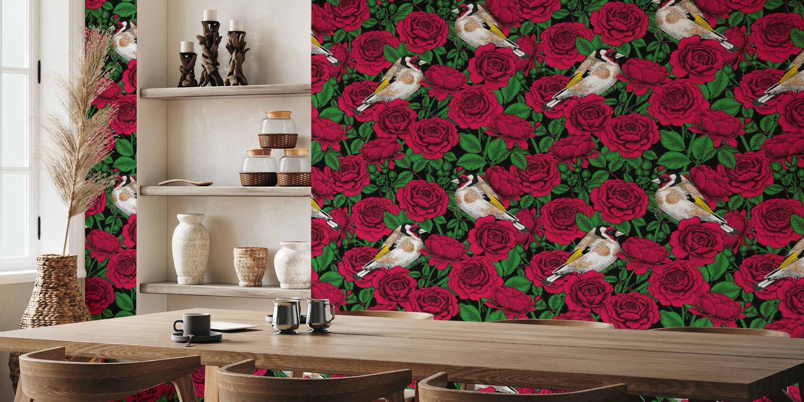 Design di Red Rose flowers e goldfinch birds