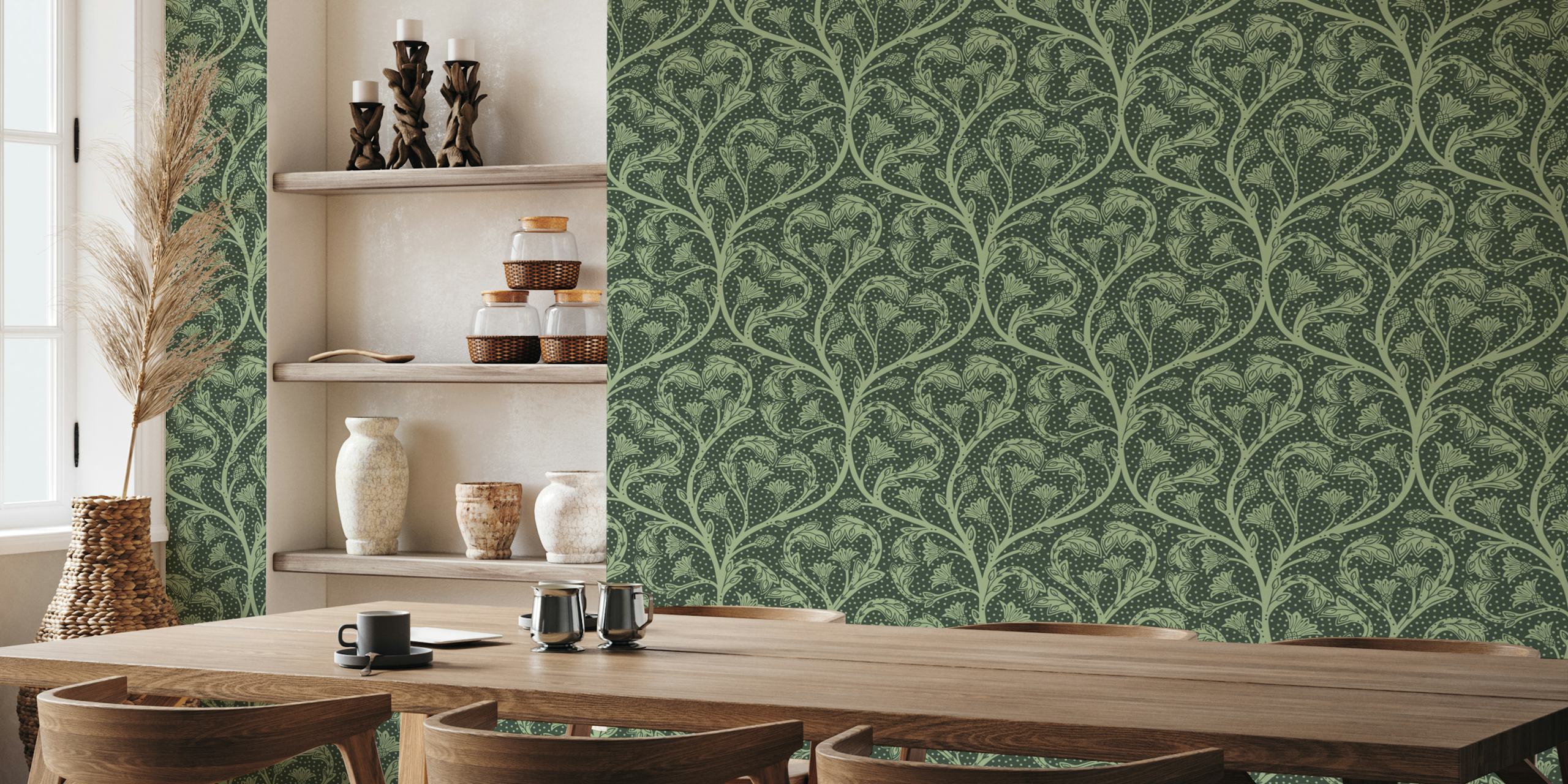 Floral dandelion patterns in dark green and light green wallpaper