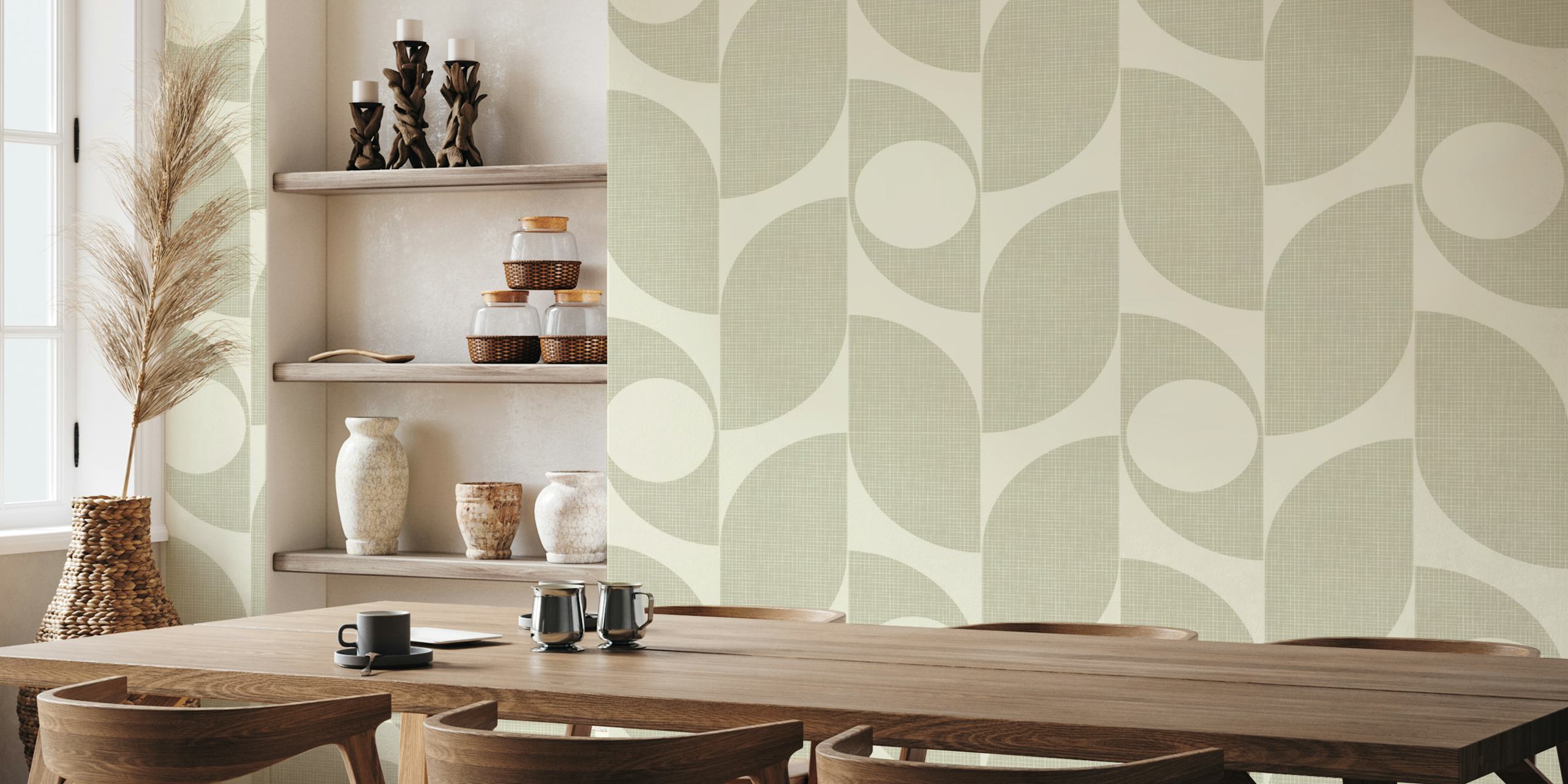 Papel de parede Mid century leaves grey linen em um quarto