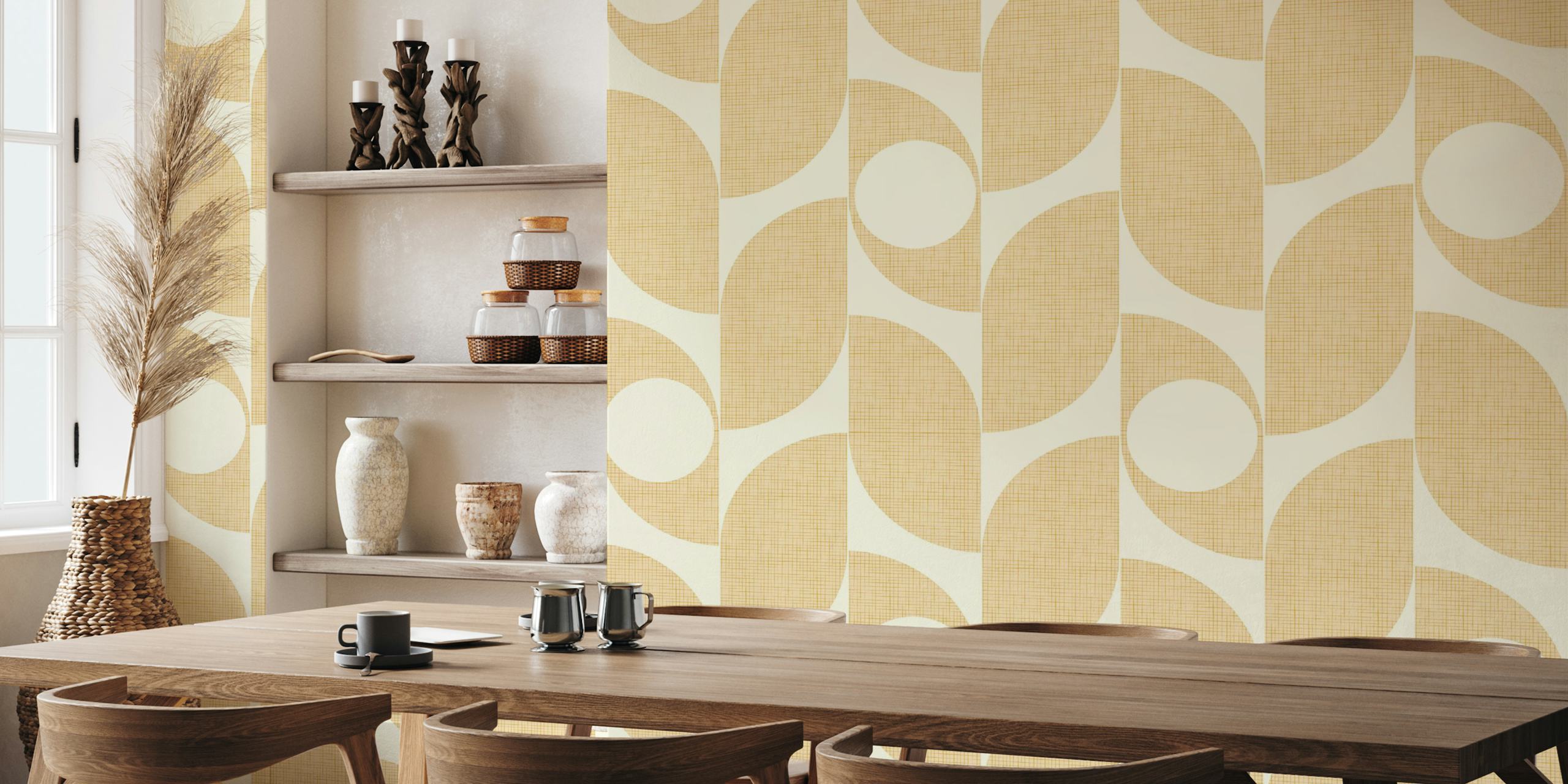 Abstract beige shapes on cream background mid century wallpaper