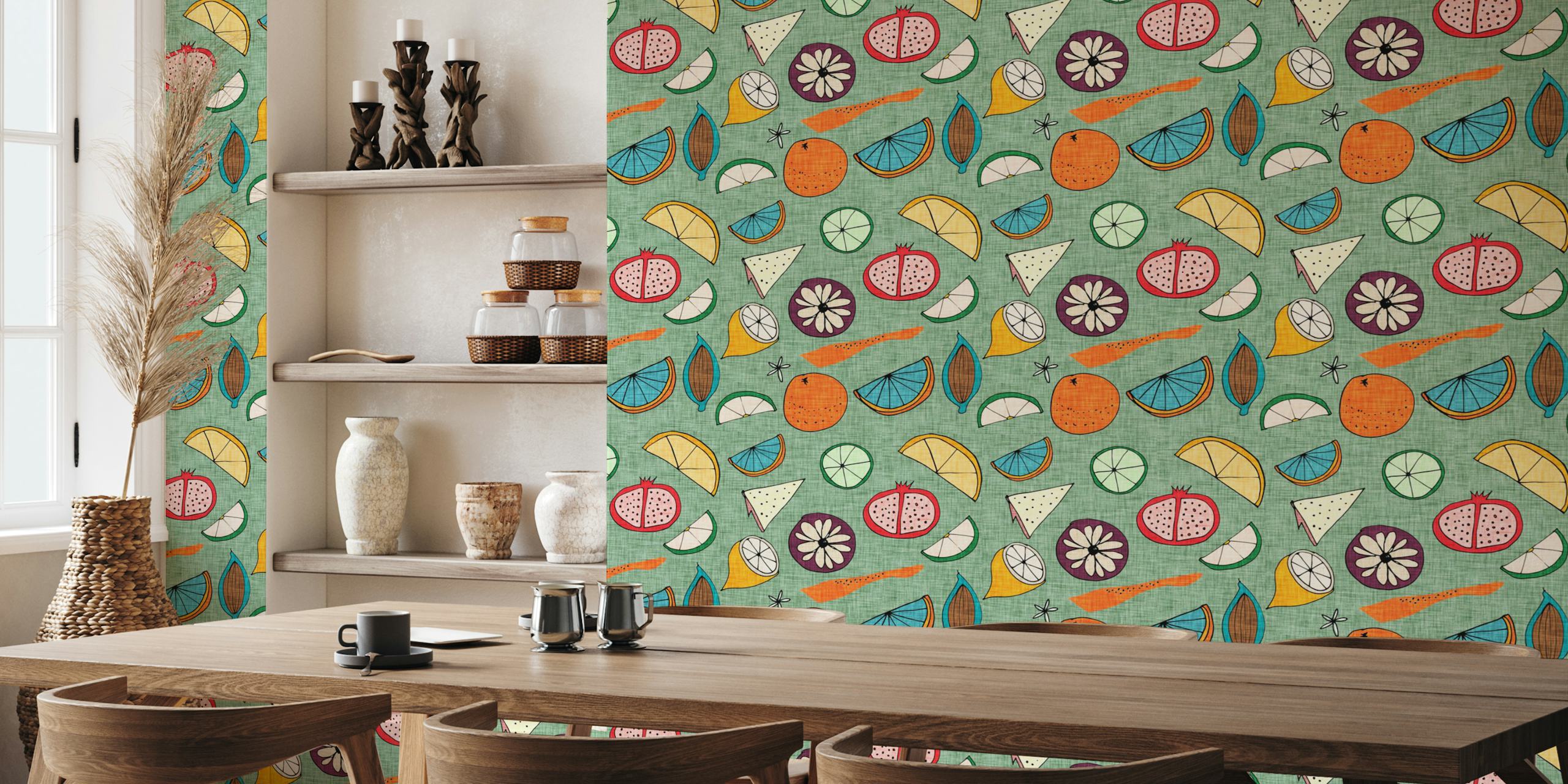 Colorful fruit designs on a green background wallpaper