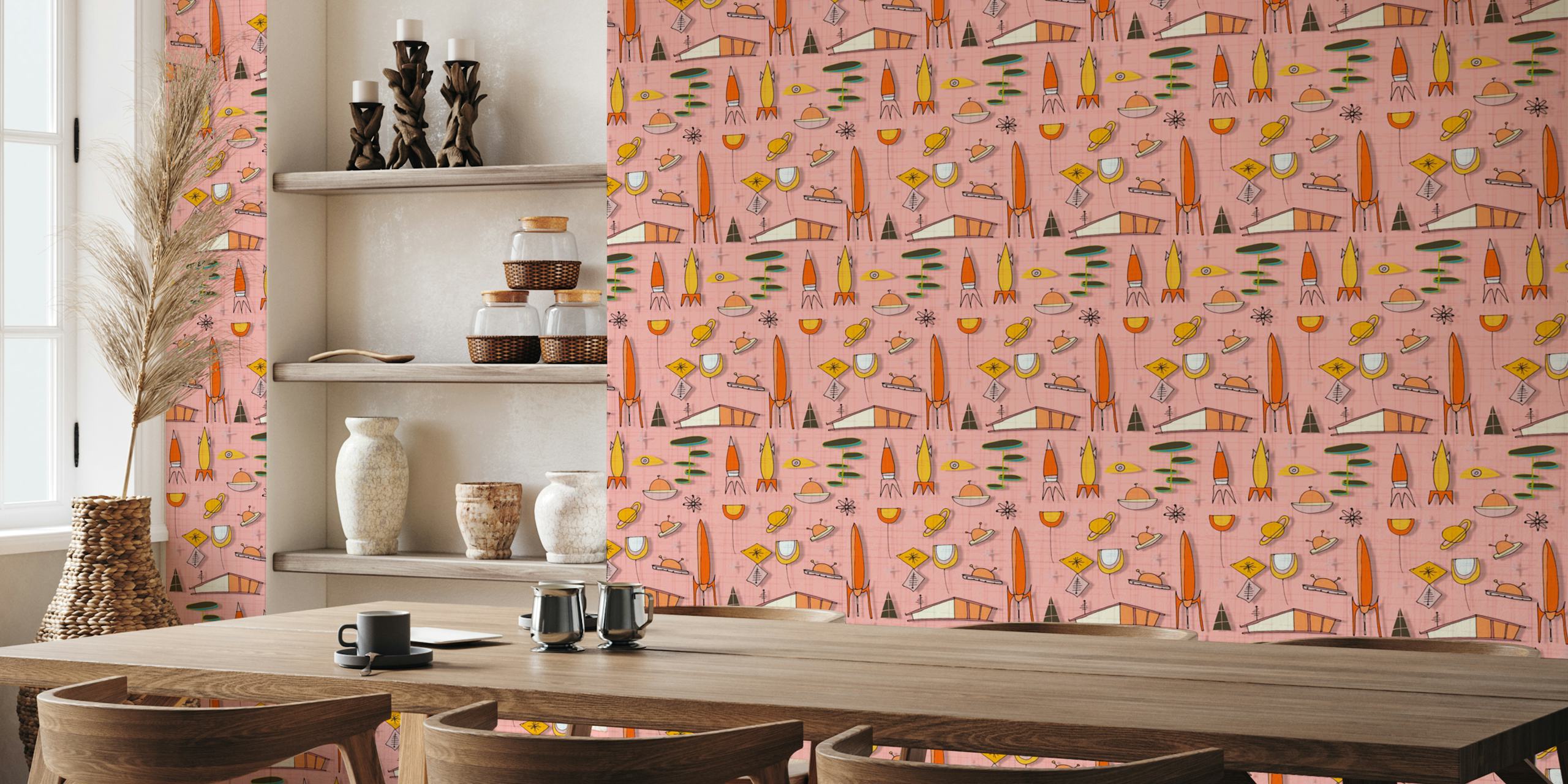 Retro space age themed wallpaper in pink with rockets and planets