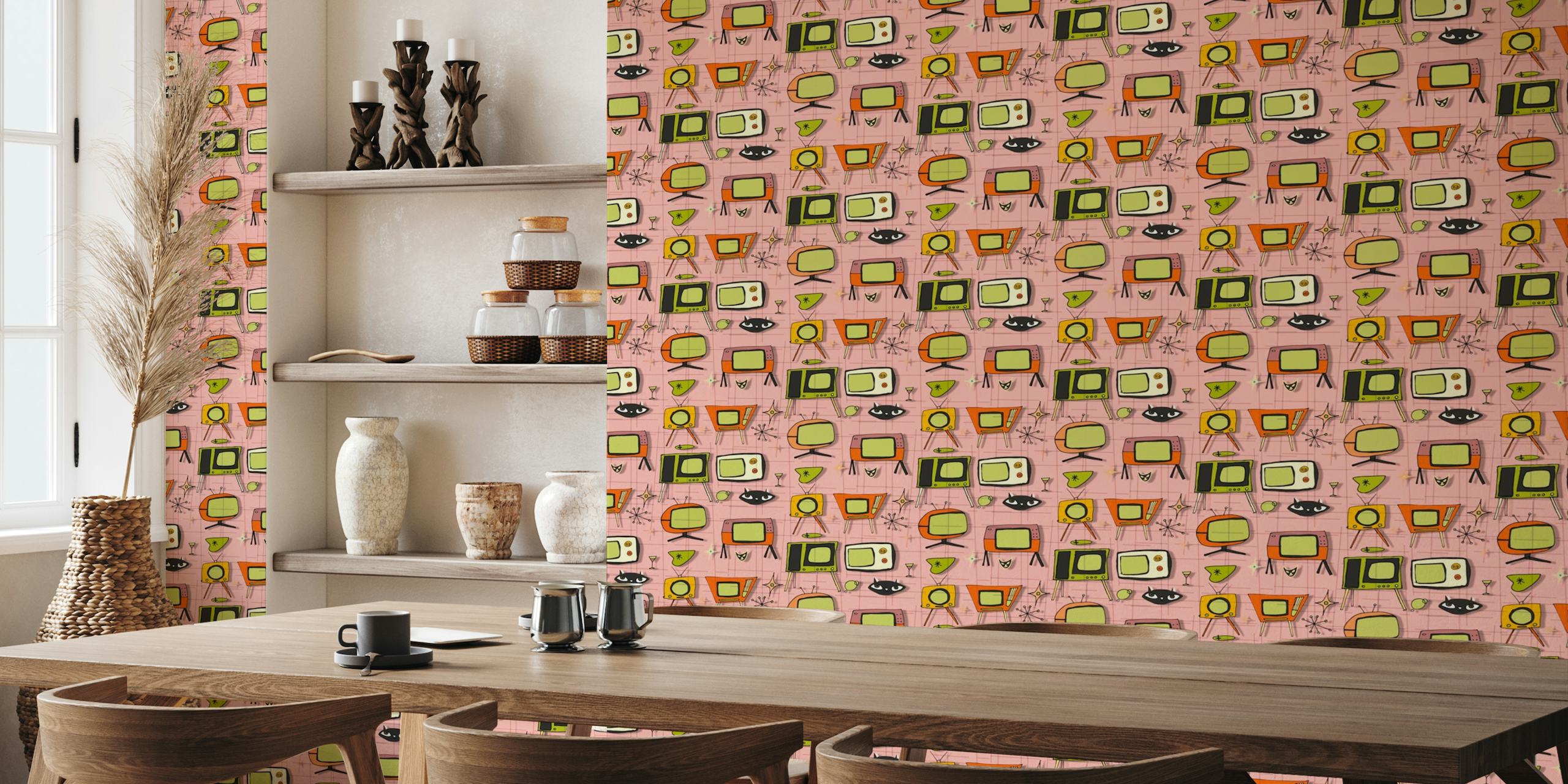 Vintage televisions pattern on pink background wall mural