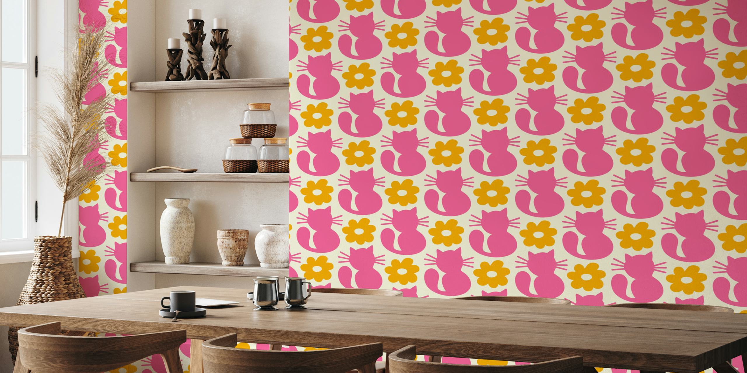 Pink cat shapes and yellow flowers on cream background wallpaper
