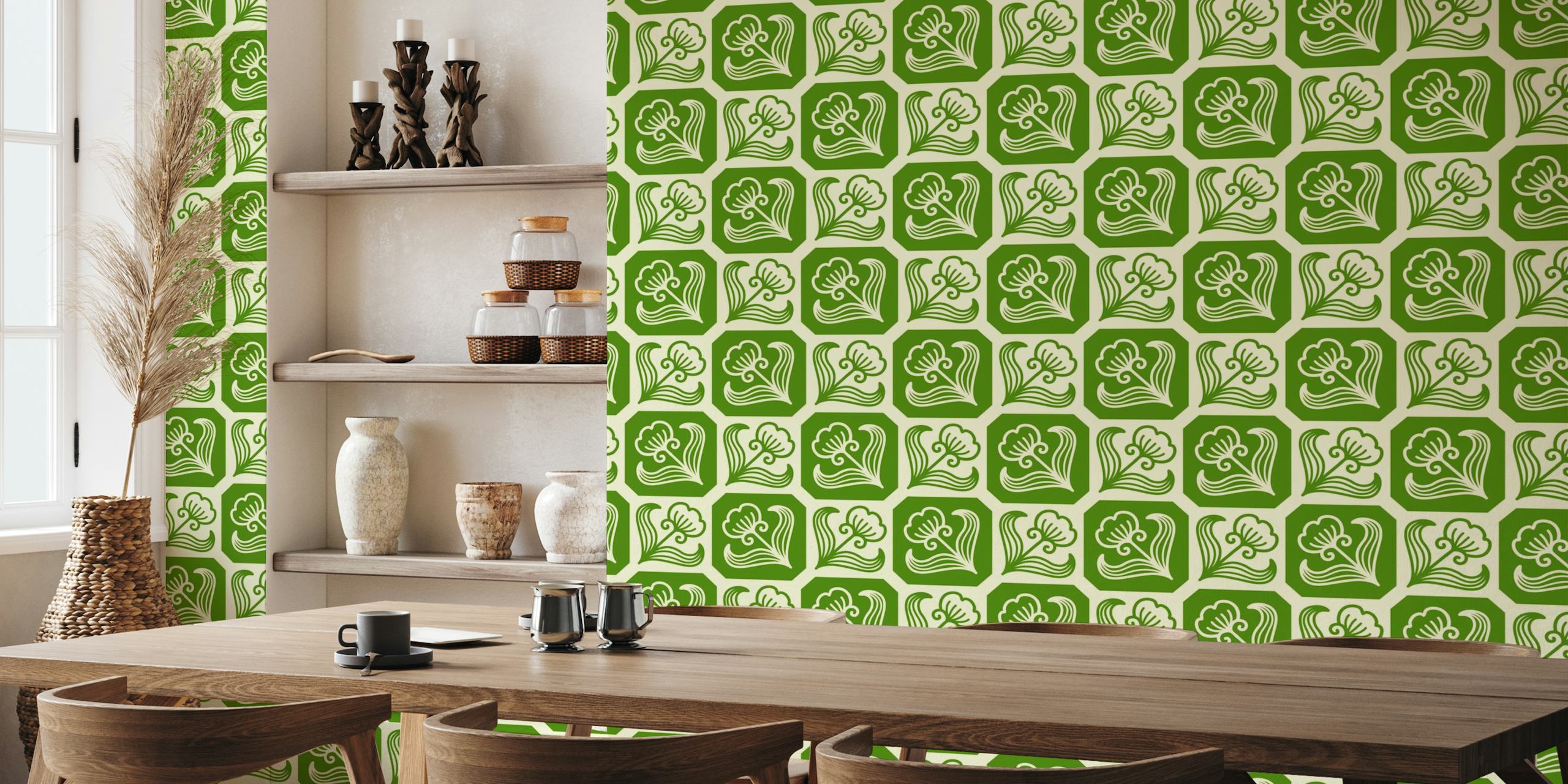 Floral tiles, green / 3047 C papel pintado