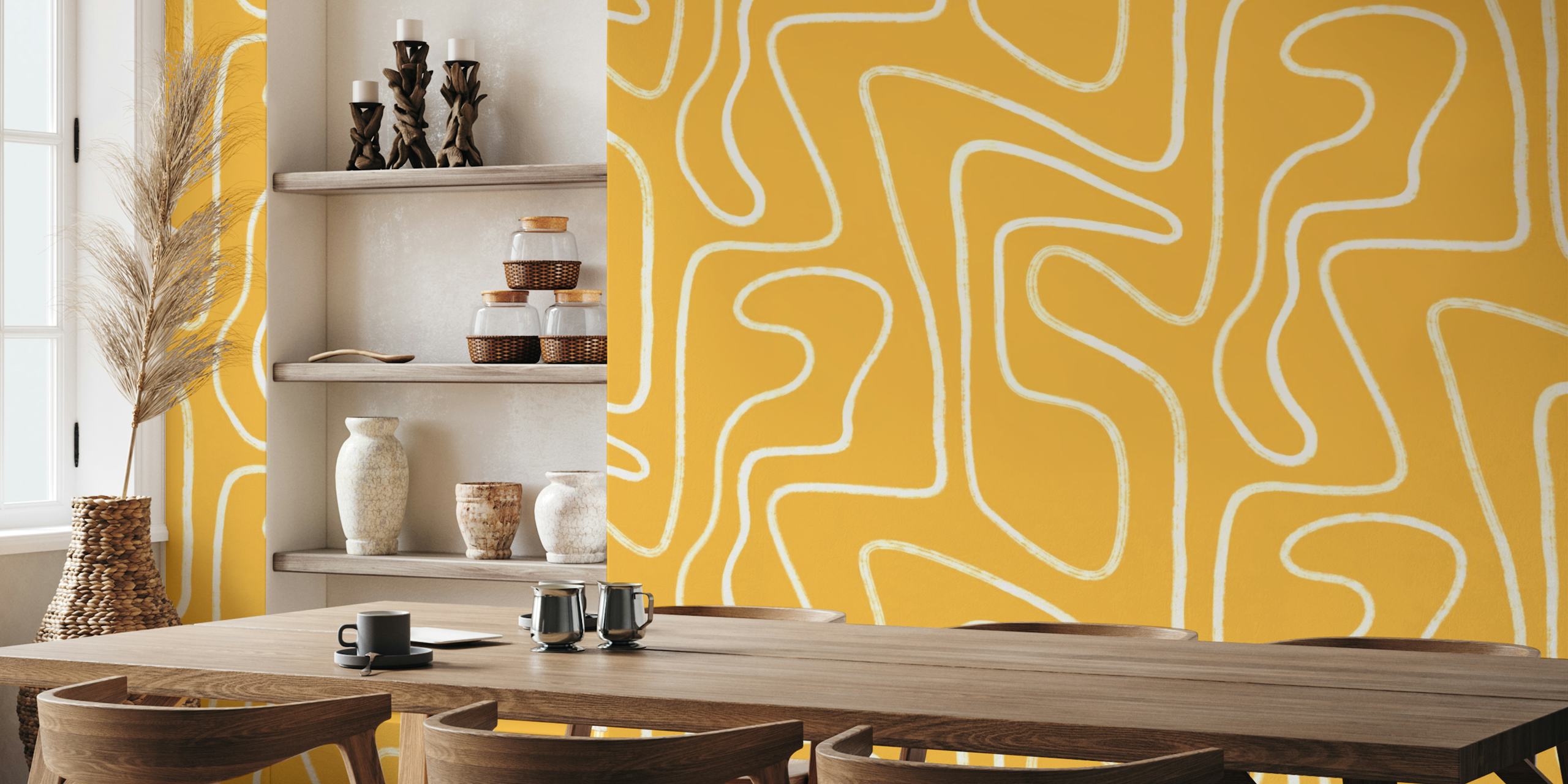Curvy white line patterns on a sunny yellow background wallpaper