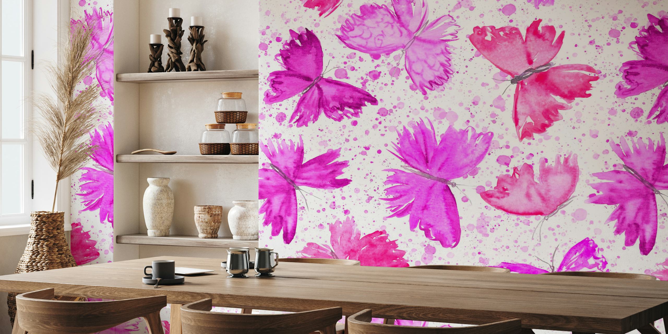 Splattered watercolor butterflies wallpaper in a room