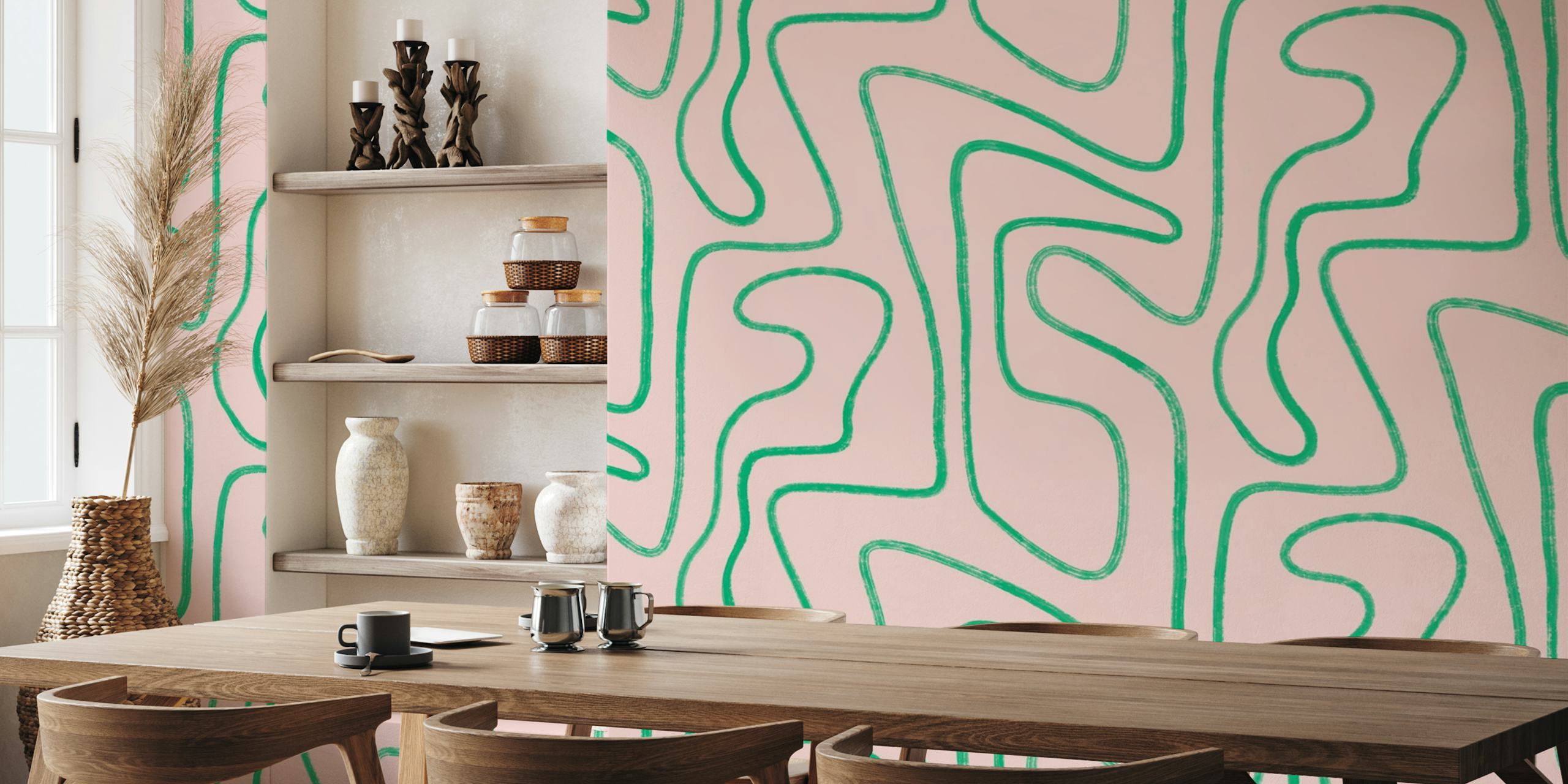 Papel pintado Abstract Modern Lines en rosa y verde