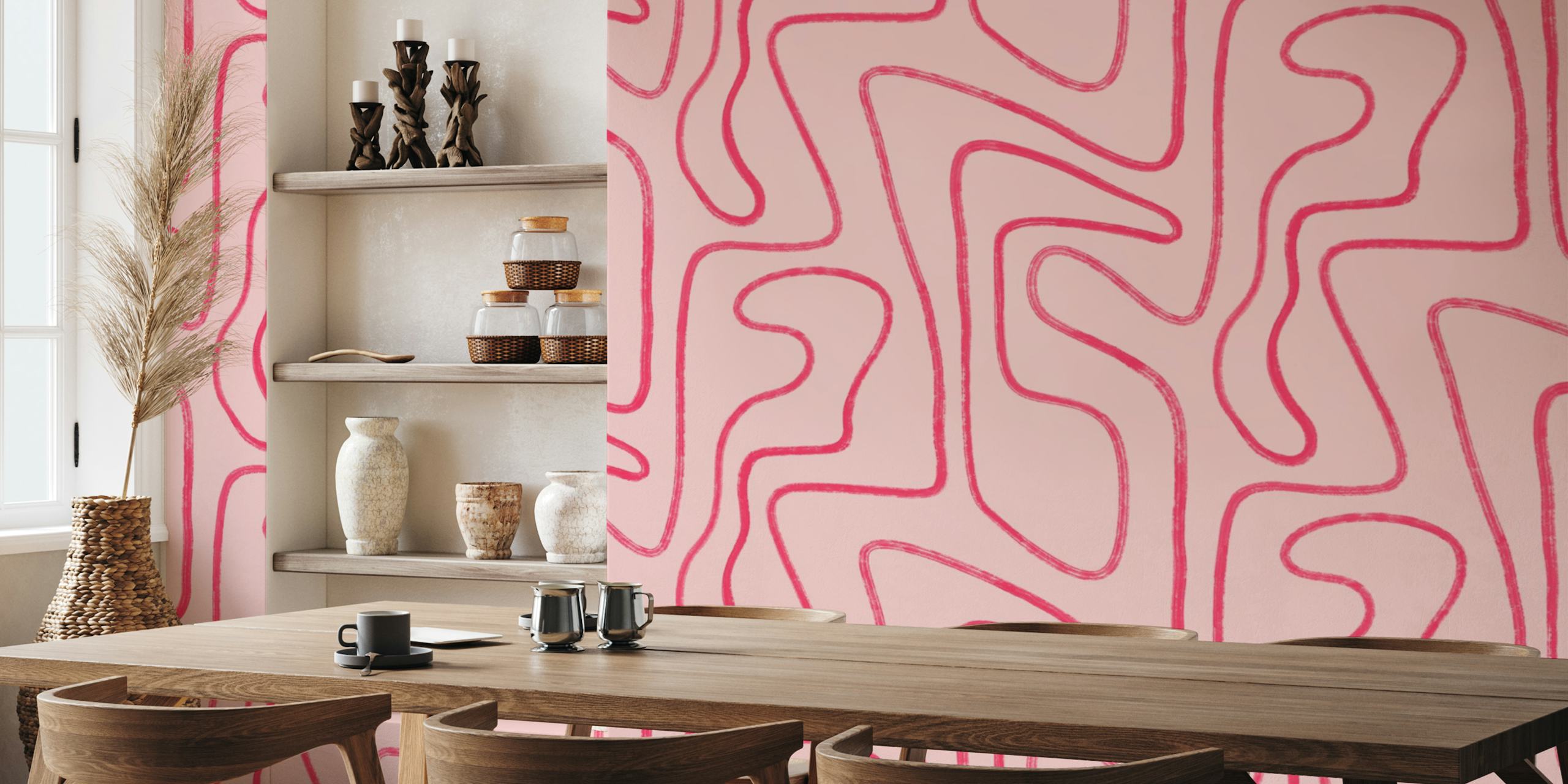 Abstract modern lines in hot pink wall mural design