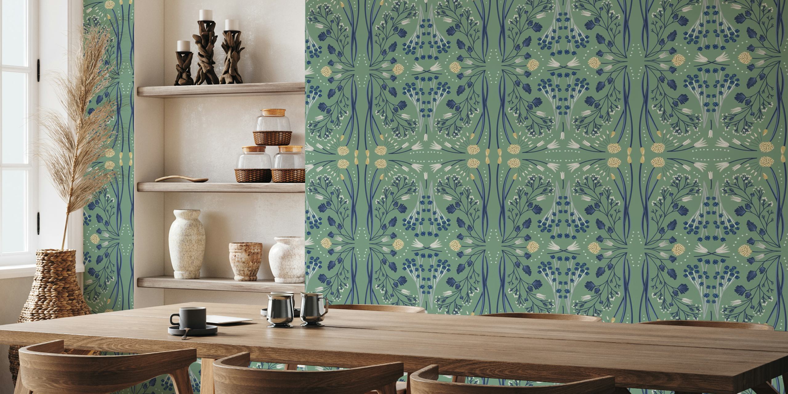 Folk Emerald Green floral wallpaper in a room