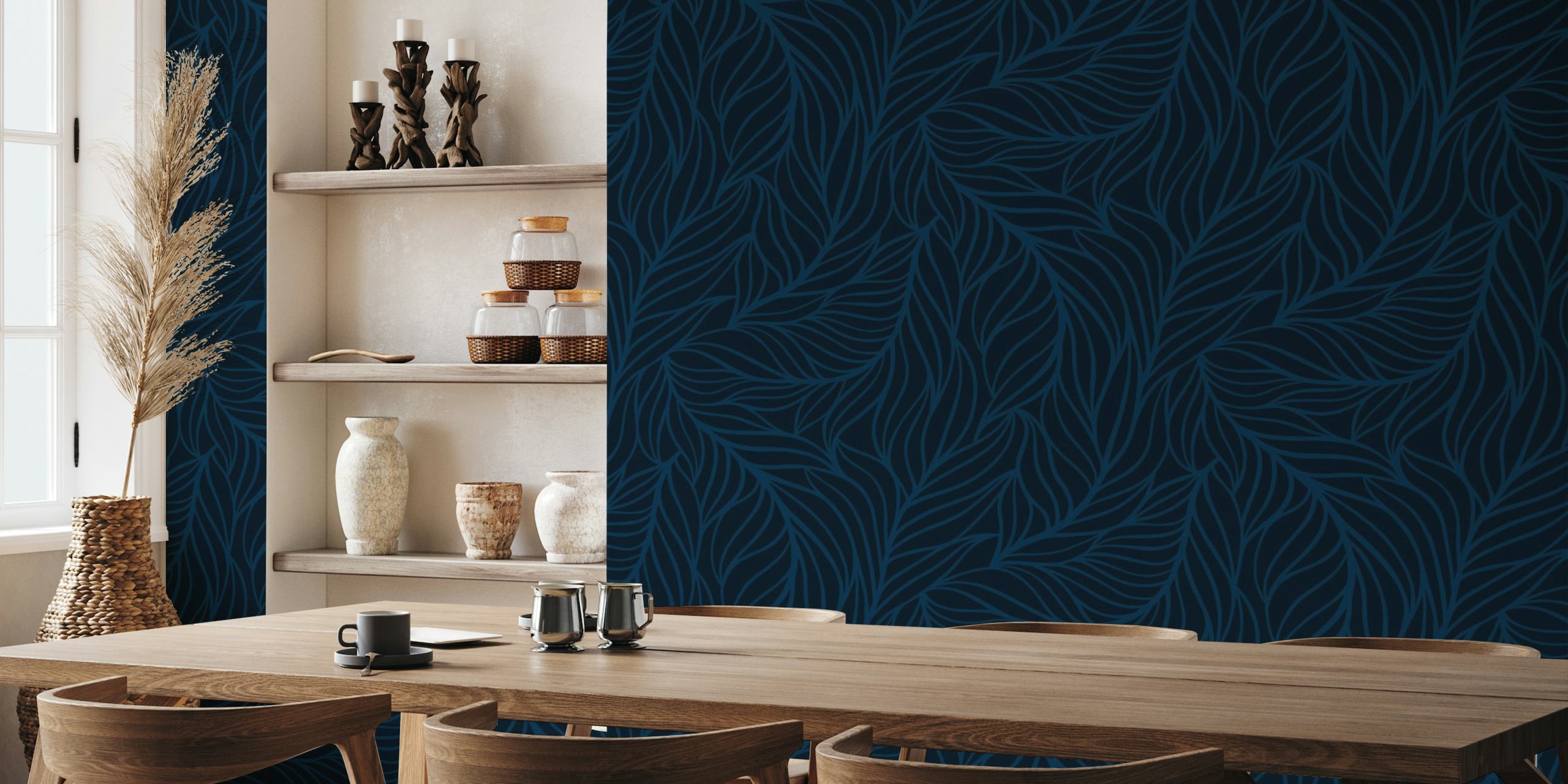 Minimalist flowing leaves dark blue wallpaper