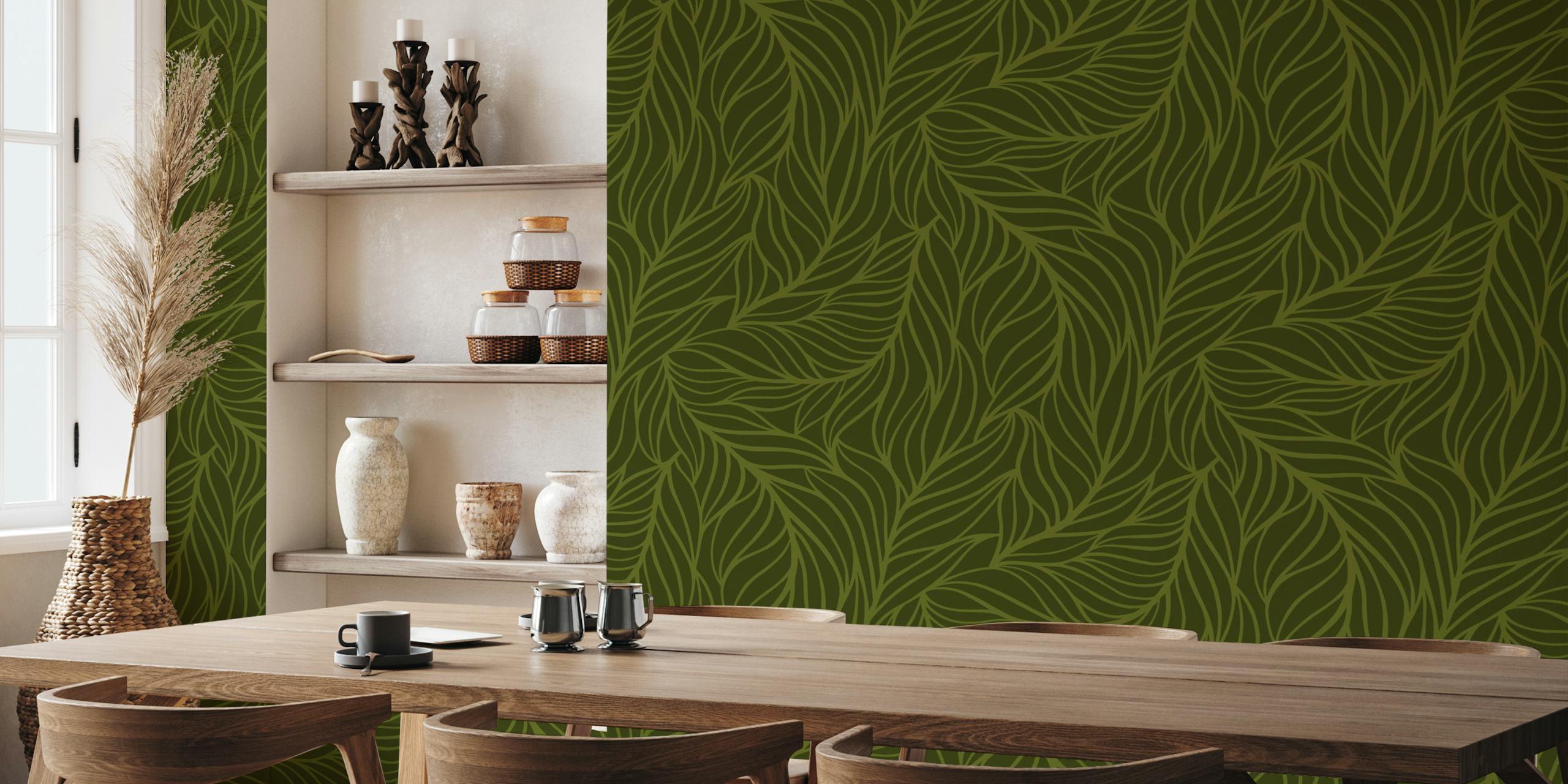 Minimalist flowing leaves dark green wallpaper in a room