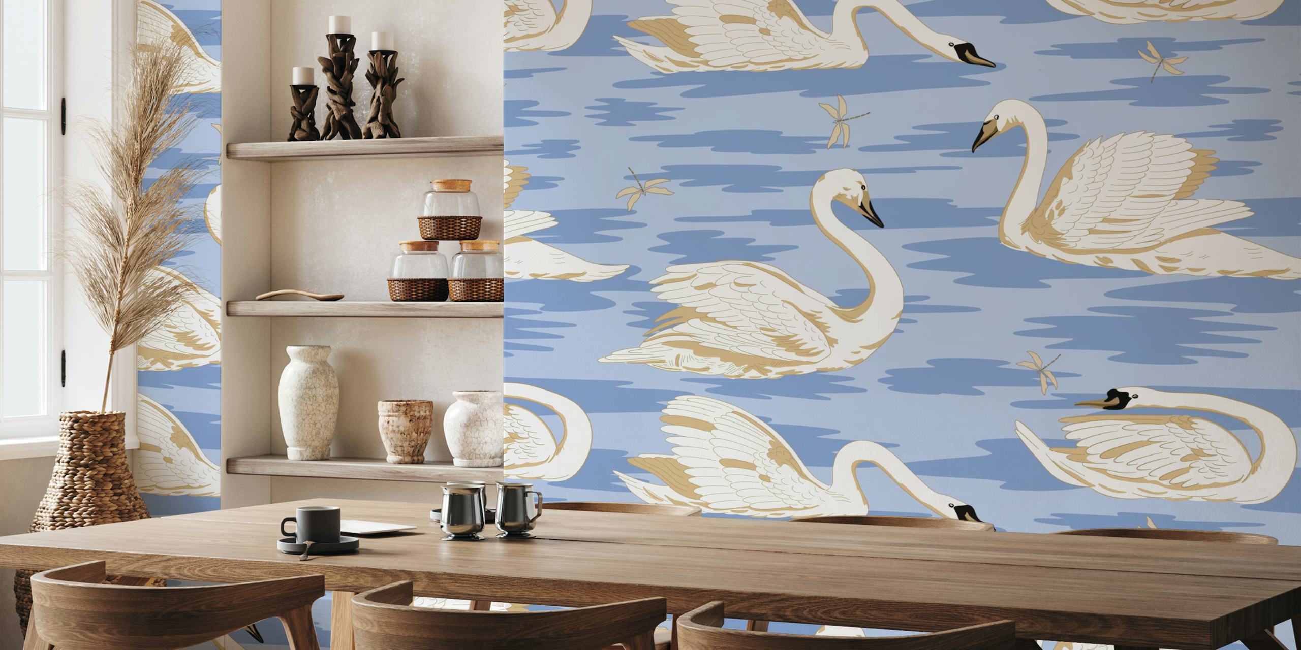 White swans wallpaper in a room