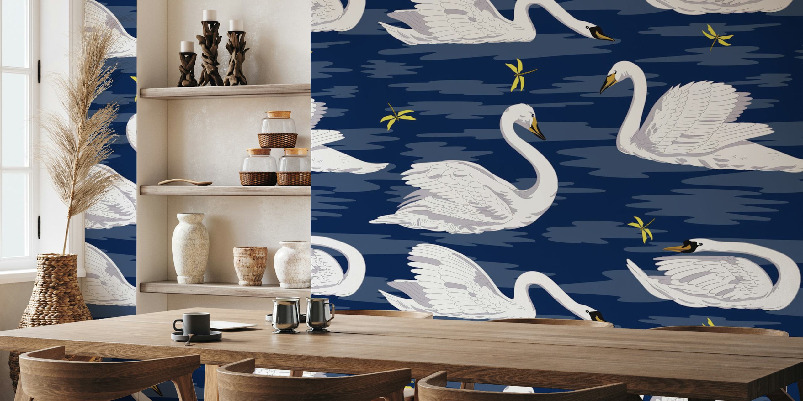White swans on dark blue water background wallpaper