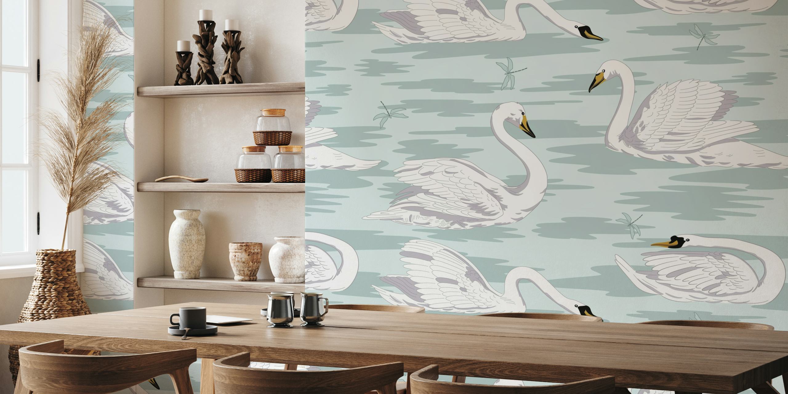 White swans on pale aqua background wall mural