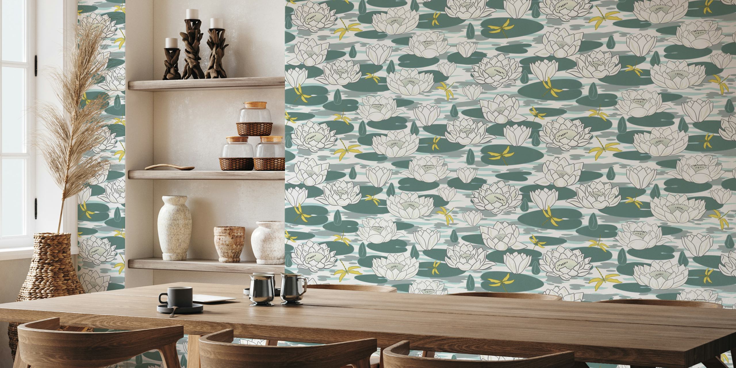 Water lily flowers in various sizes, soft green and white colors, floral wallpaper