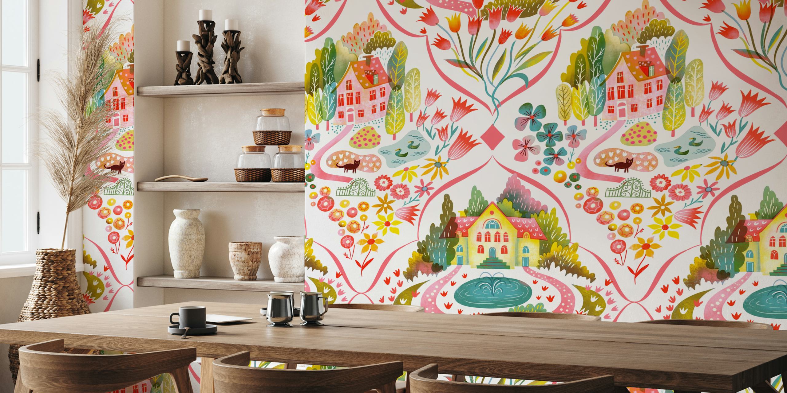 Blooming garden houses wallpaper in a room