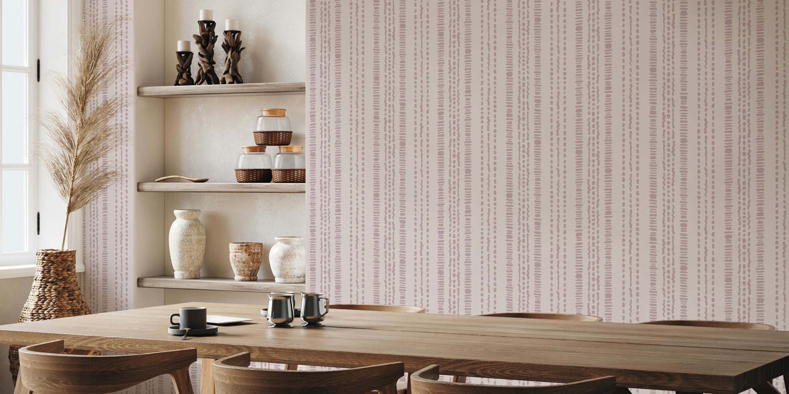Vertical striped pale rose and mauve boho wallpaper