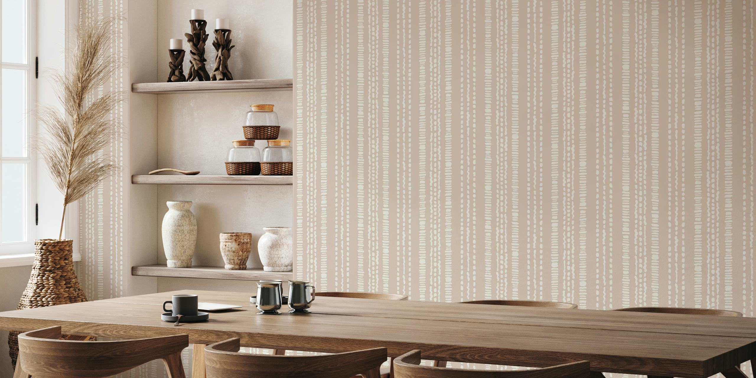 Boho stripe neutral sand wallpaper featuring light beige background with white stripes