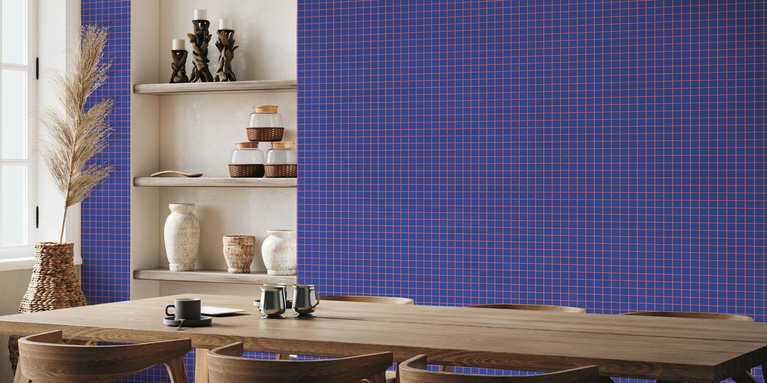Geometric grid pattern wallpaper in navy blue and coral colors.