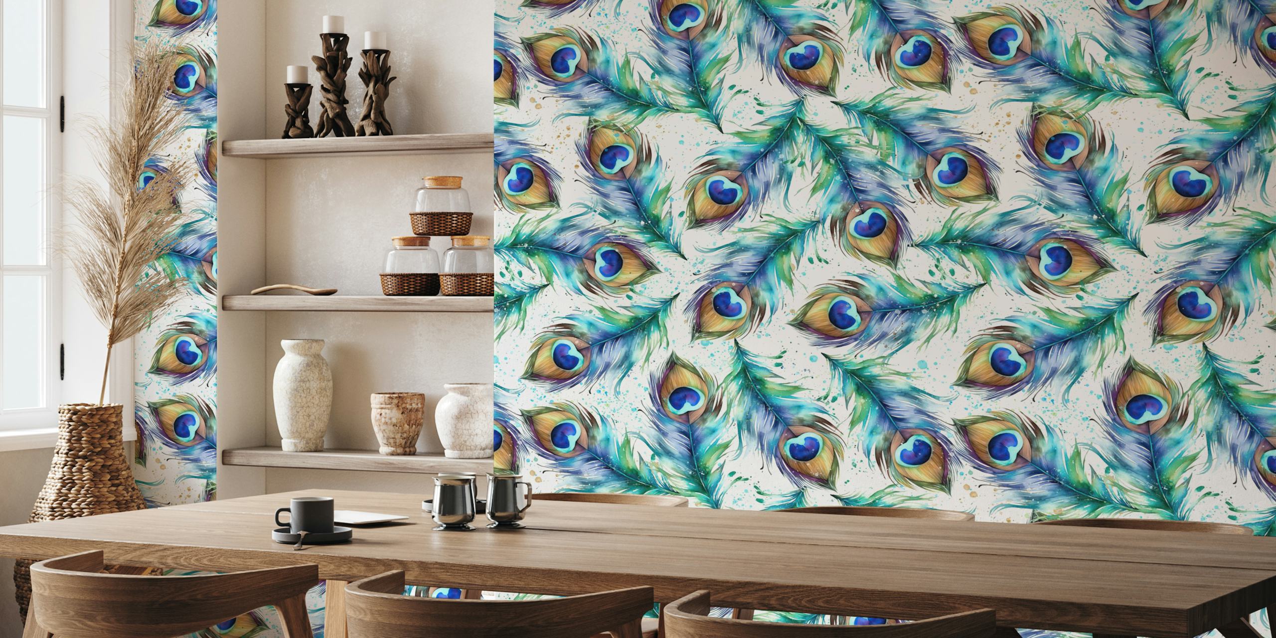 Watercolors Peacock Feathers tapet i ett rum