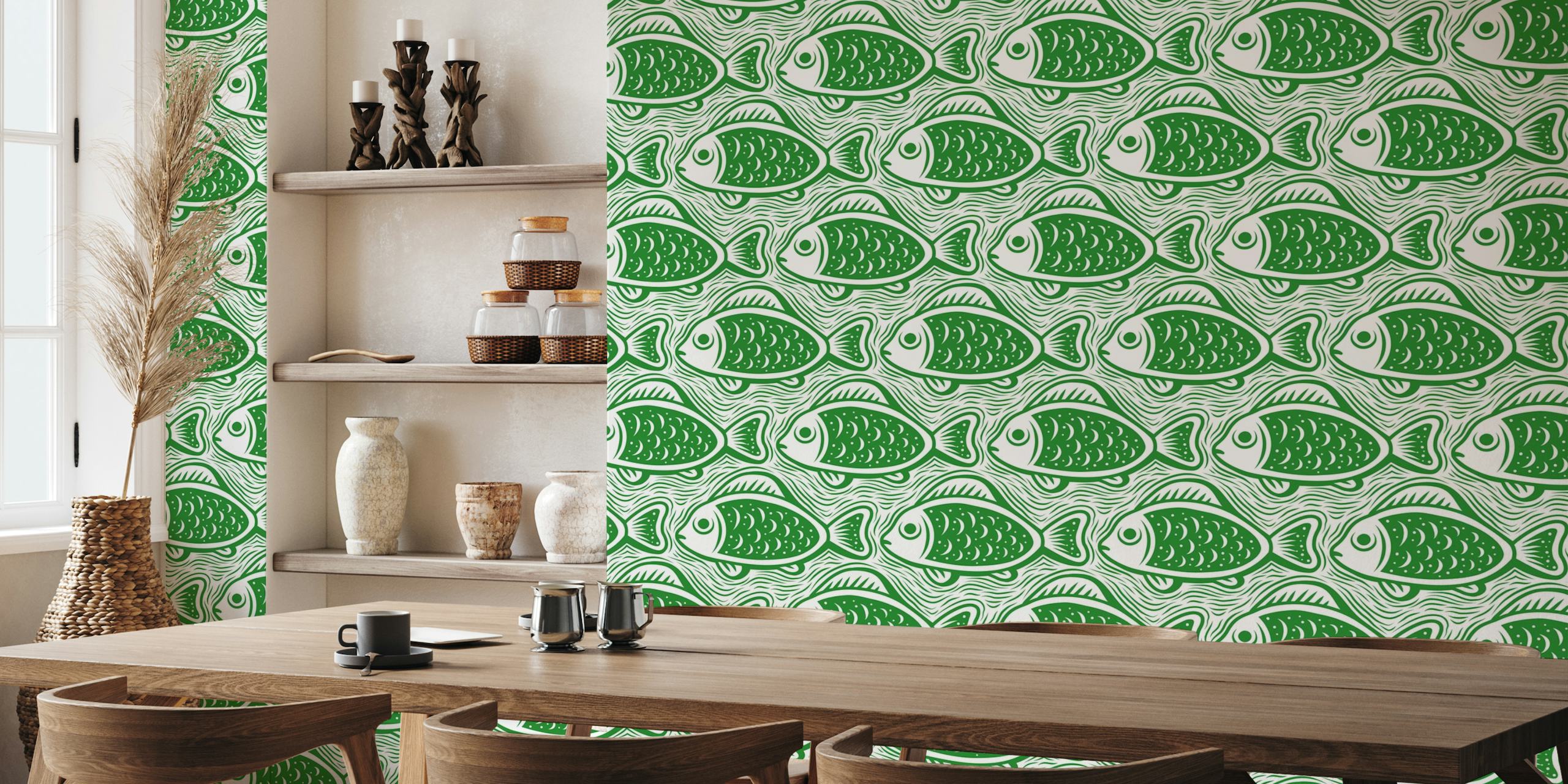 Block print fishes pattern, green / 3052 C tapety