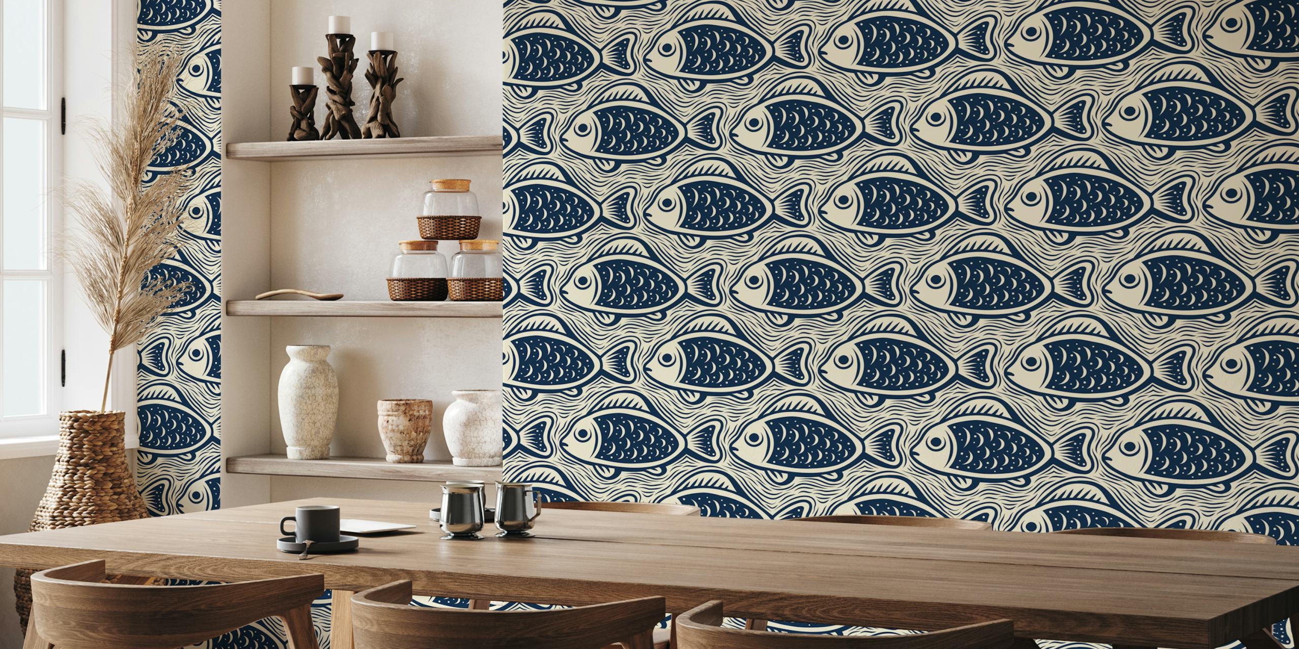 Ταπετσαρία navy fish pattern σε ένα δωμάτιο