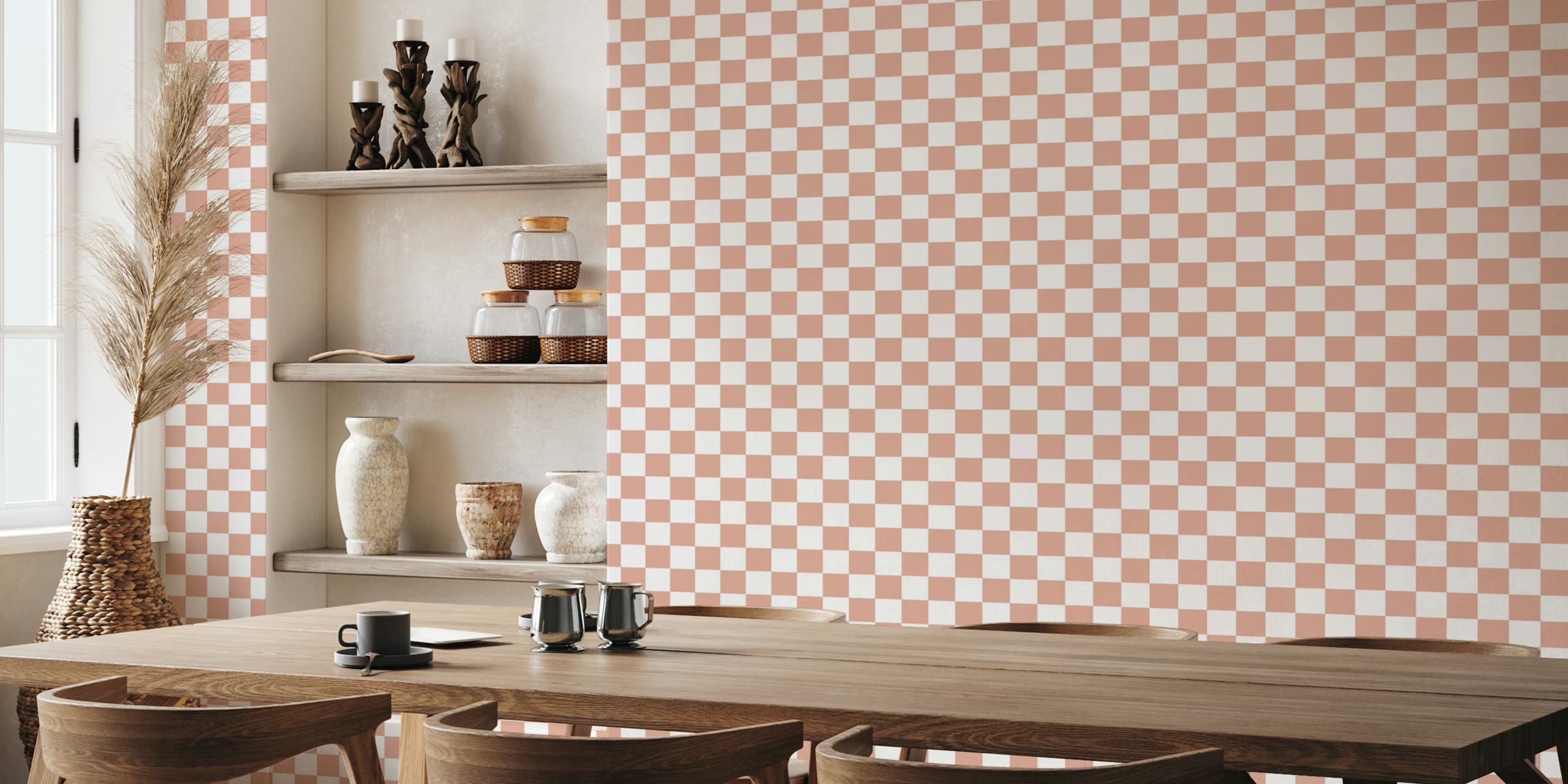 Peach and white checkered pattern wallpaper