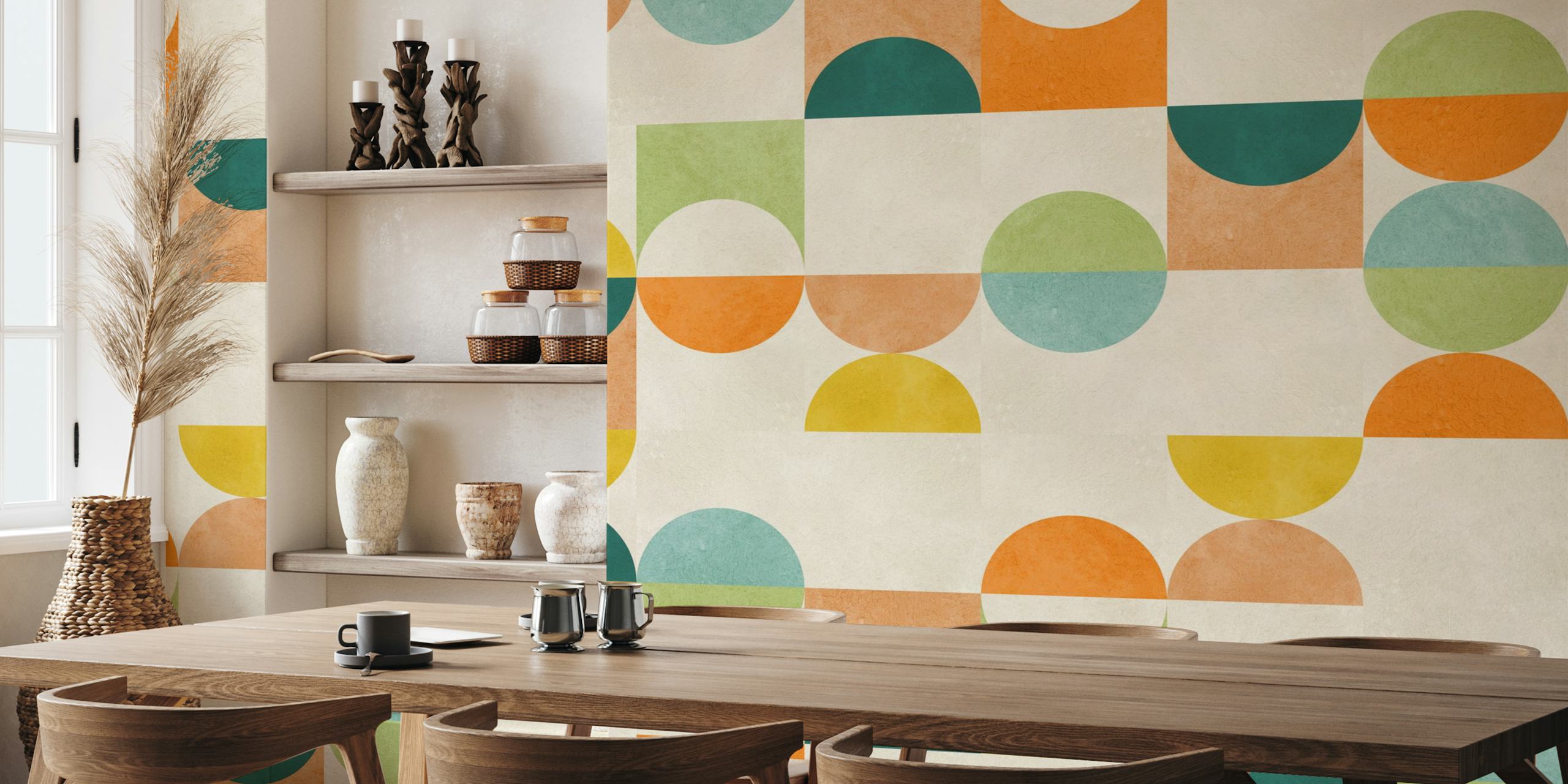 Colorful geometric circles in orange, teal, and green wallpaper