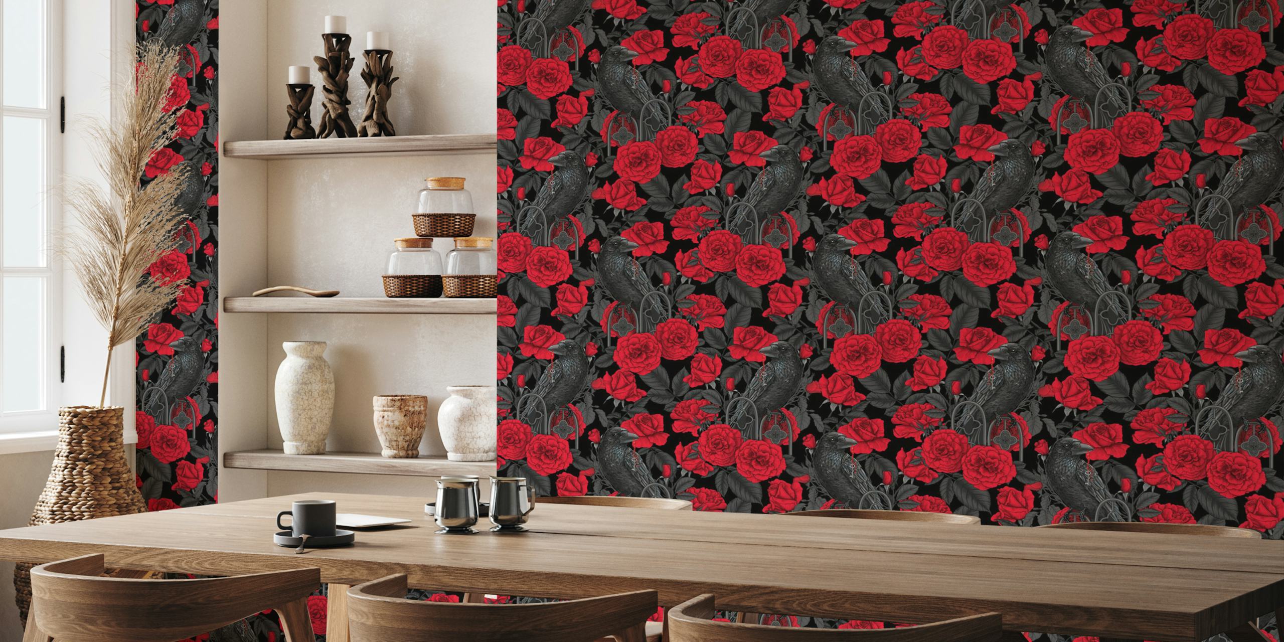 Ravens perched among red roses on a black background wall mural