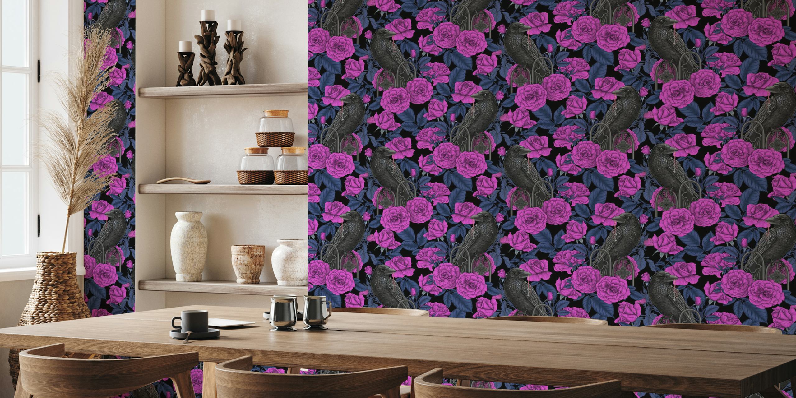 Ravens with pink roses and dark blue leaves wallpaper