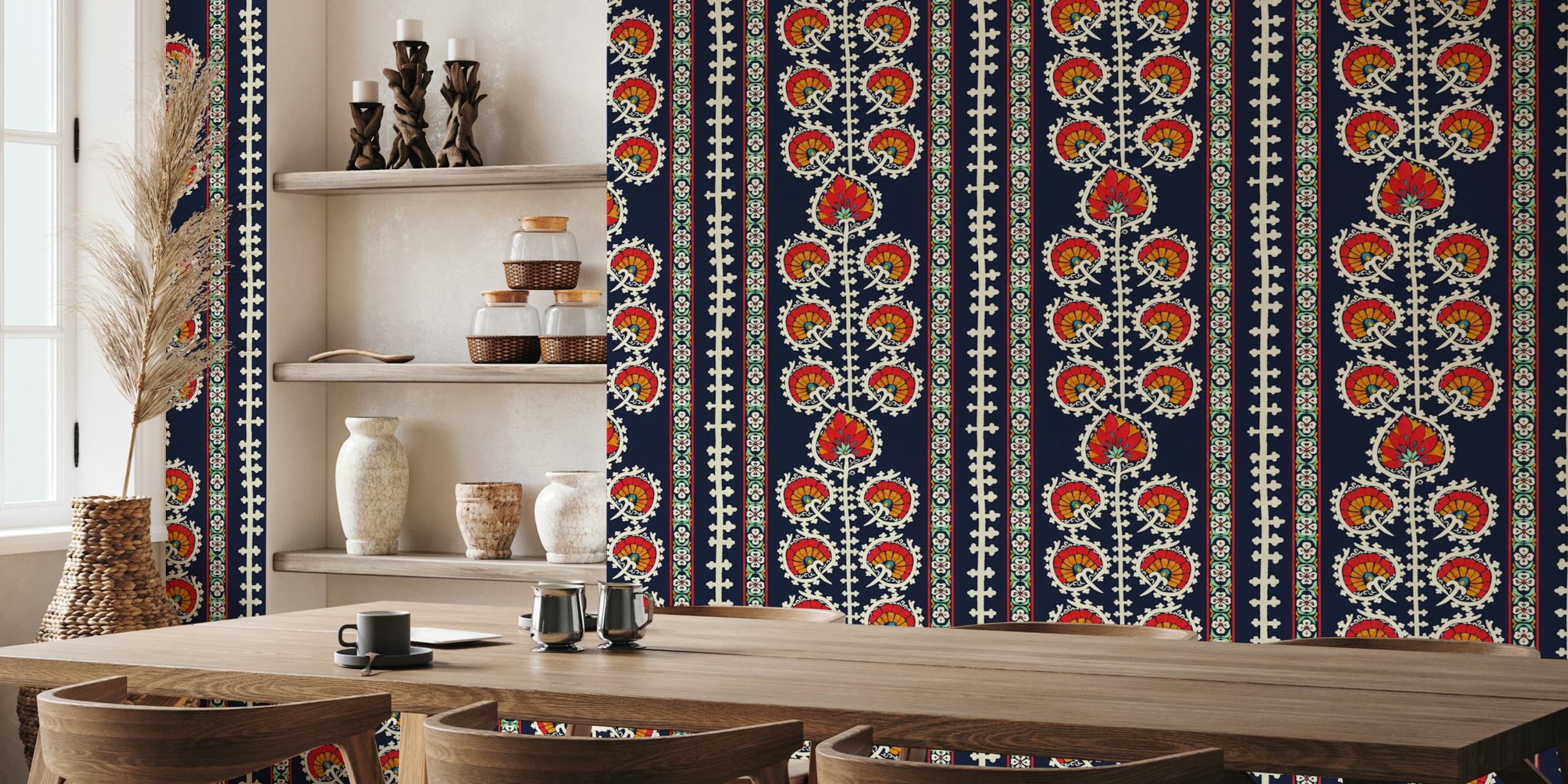 Vibrant Suzani-style peacock tail wall mural on a dark background