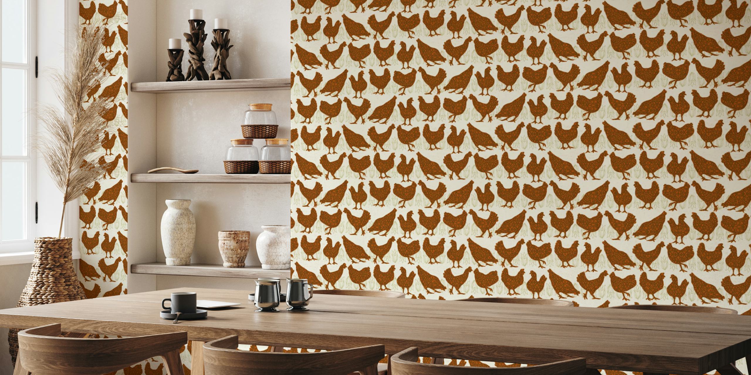 Red hens wallpaper design in a room