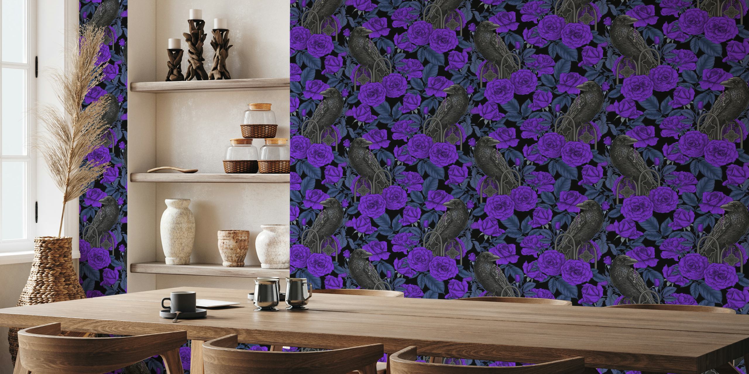 Purple roses and black raven with foliage wallpaper