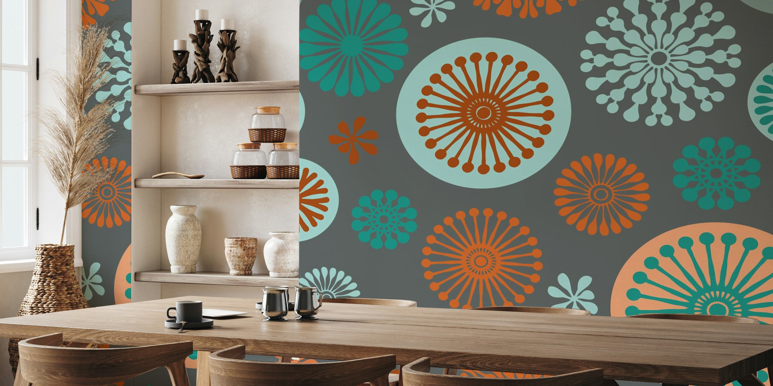 Retro vibe stylized flowers wallpaper in a room