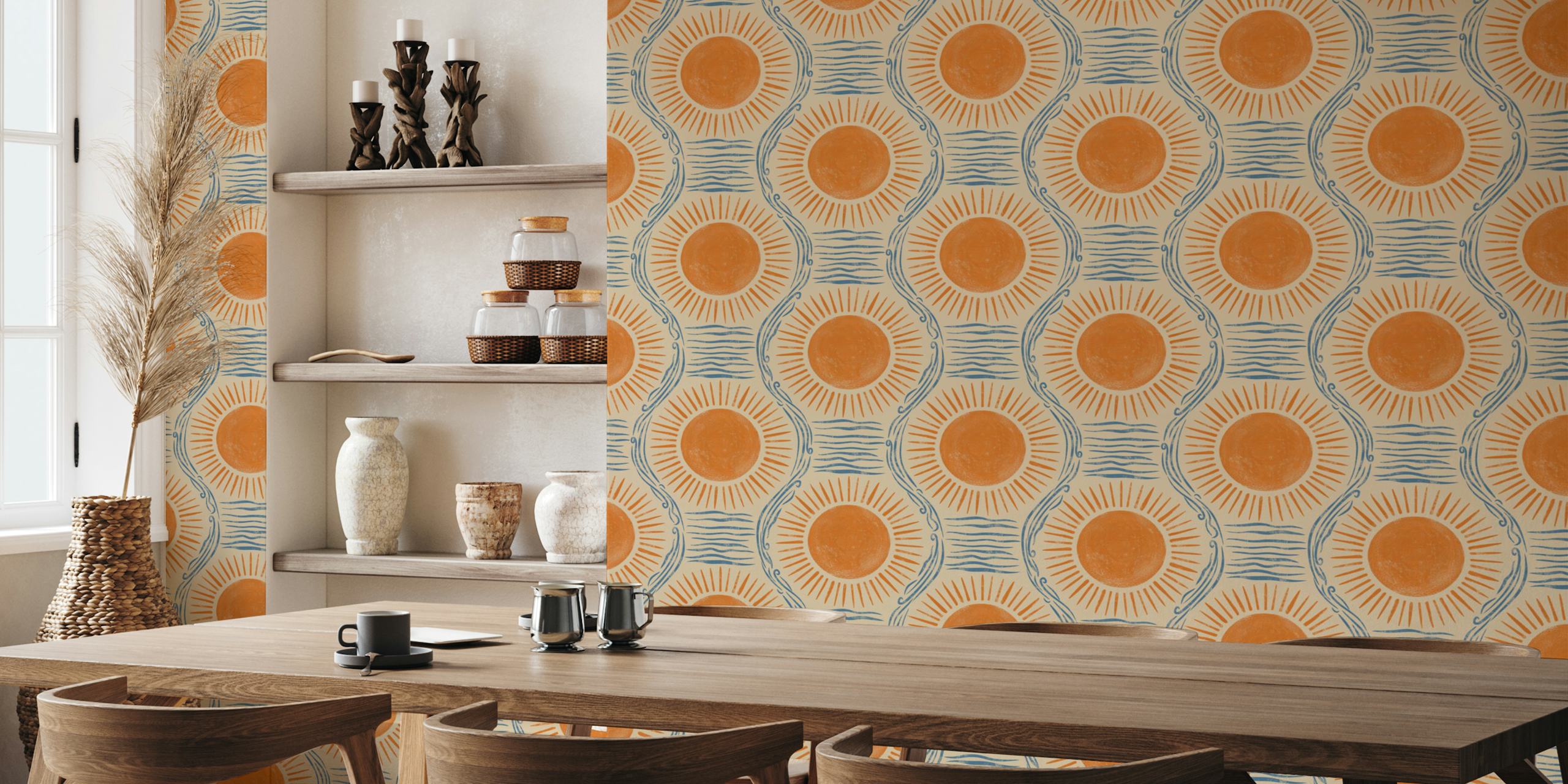 Boho sonnen und meer handgezeichnet tapete orange und blau