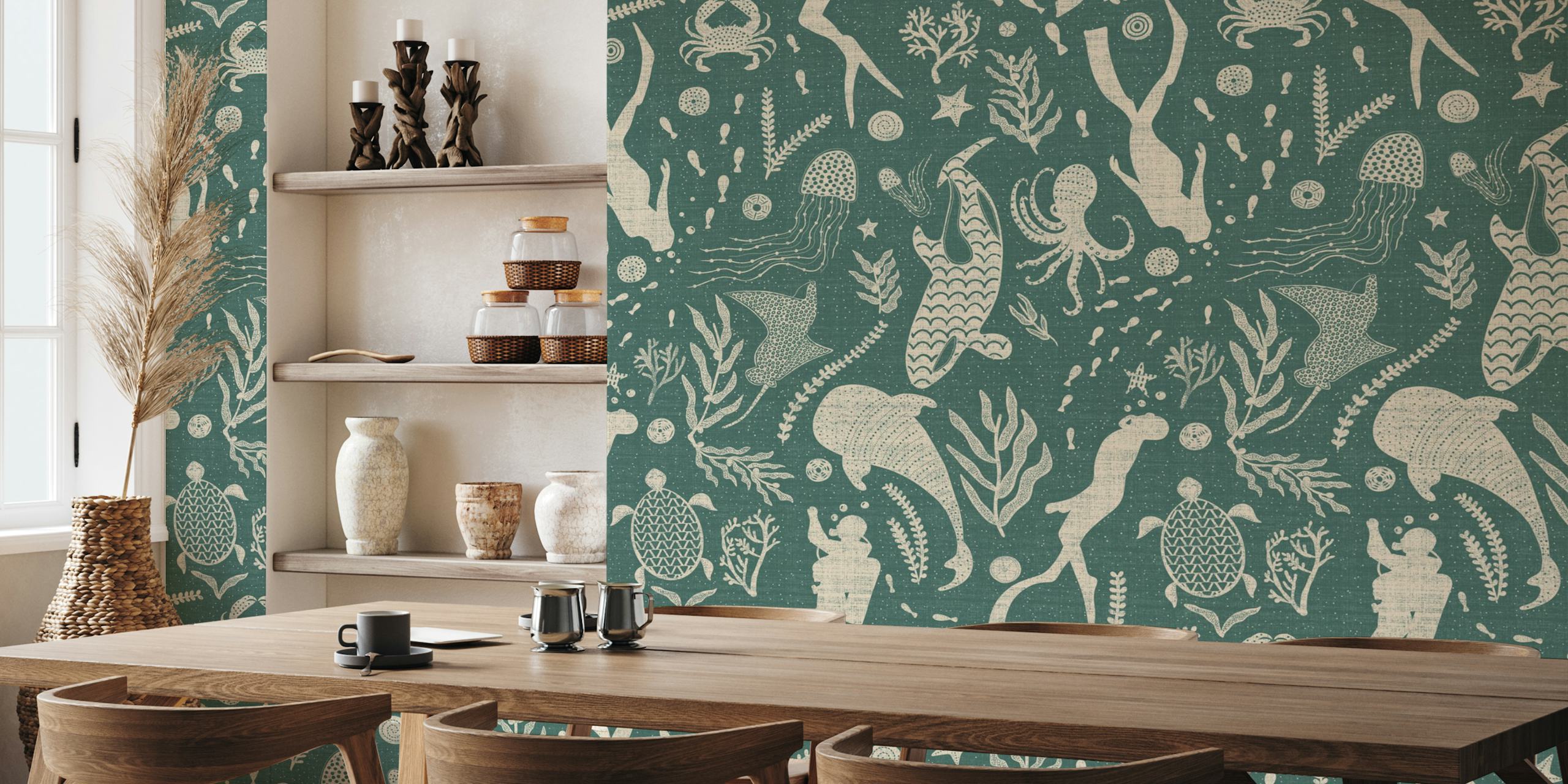 Scuba Toile Teal Wall Mural with Ocean Life Patterns