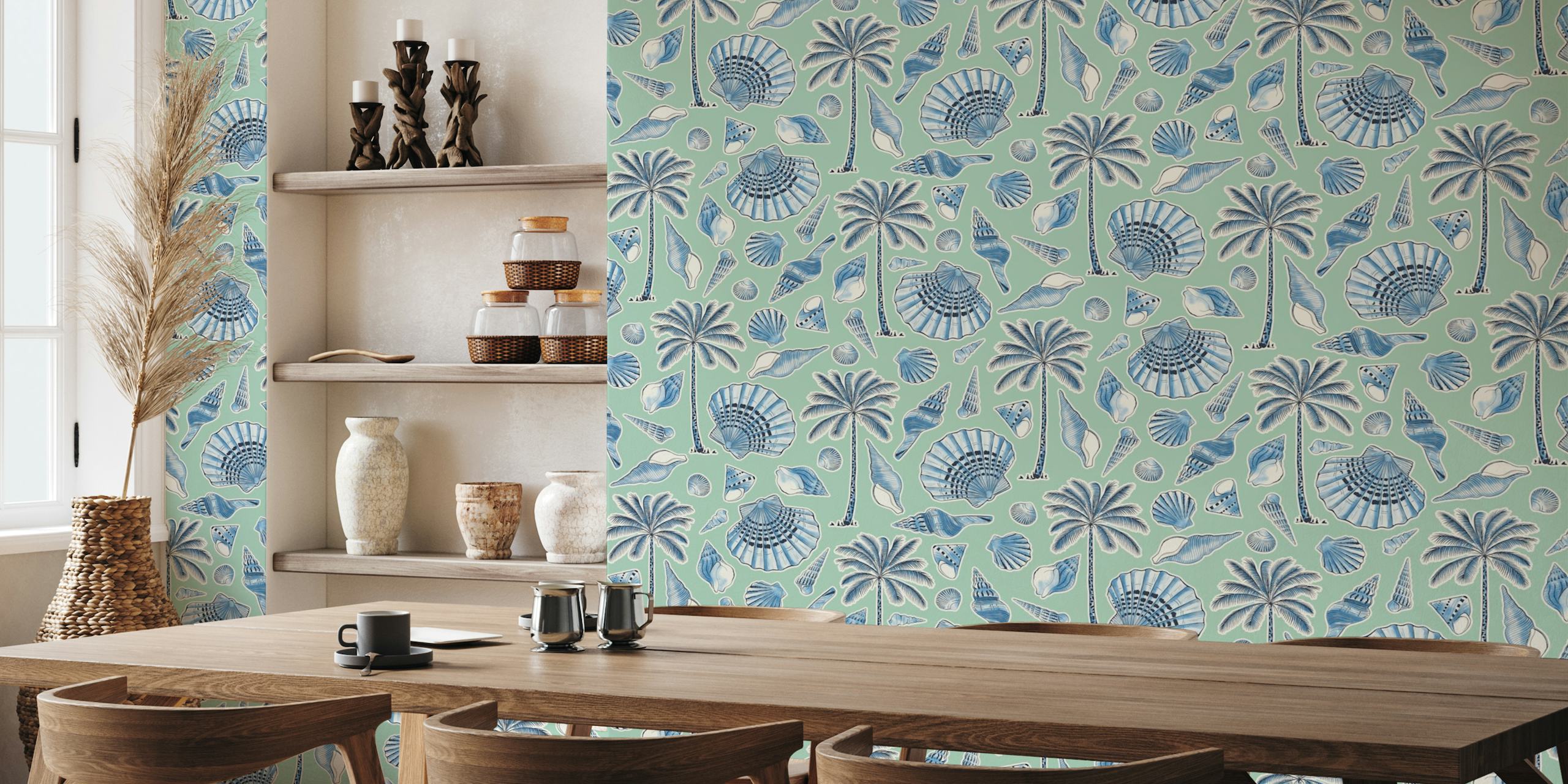 Seashells and palm trees soft mint wallpaper
