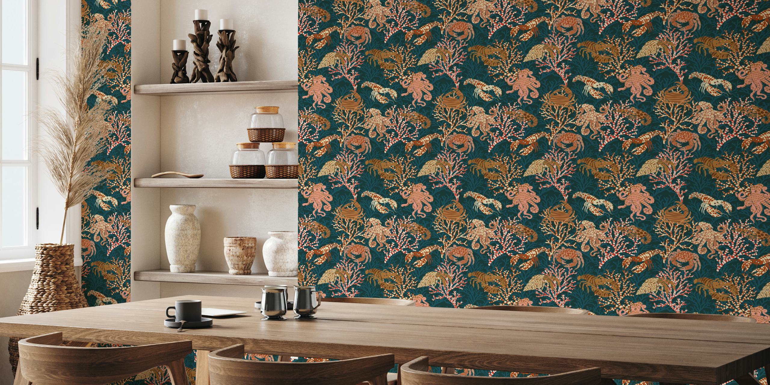Colorful sea life and coral patterns in blue wallpaper