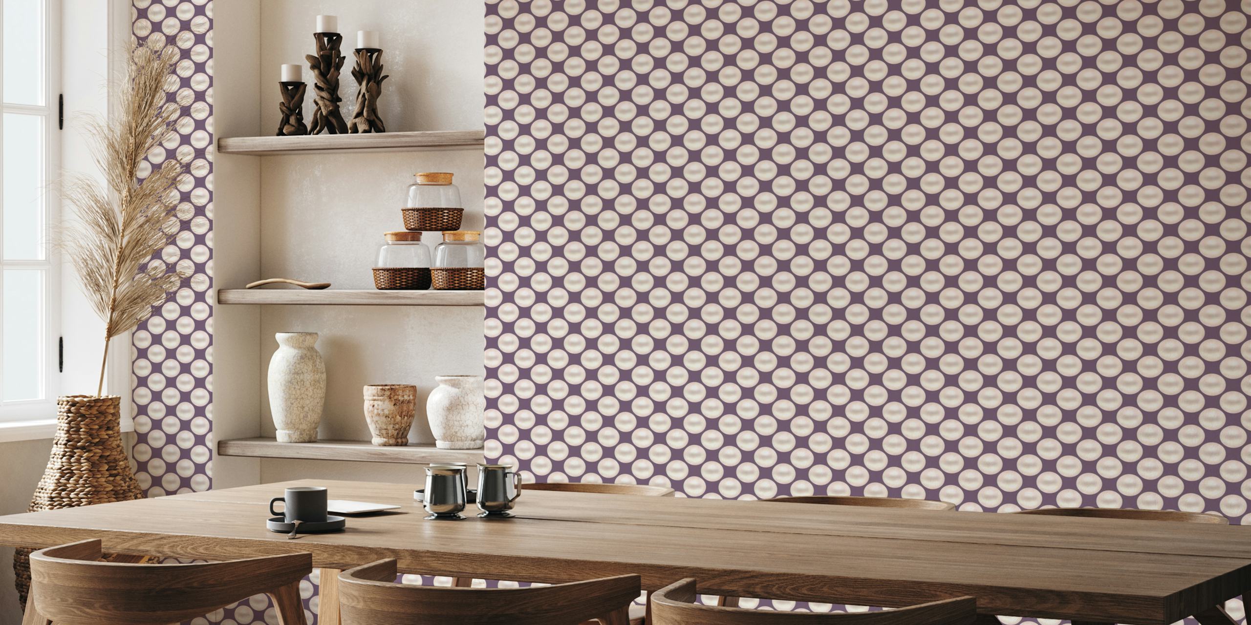 Purple background with white pearl polka dots wallpaper