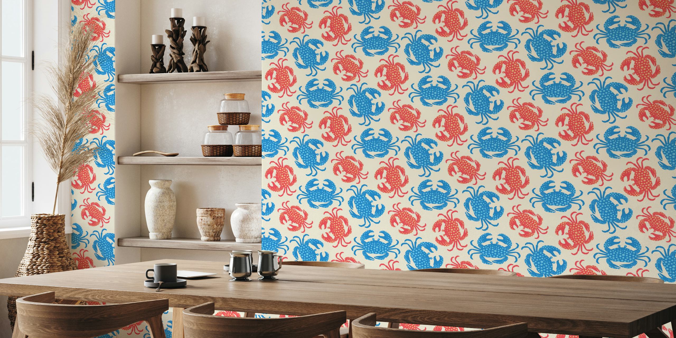 Colorful blue and red crabs on cream background wallpaper