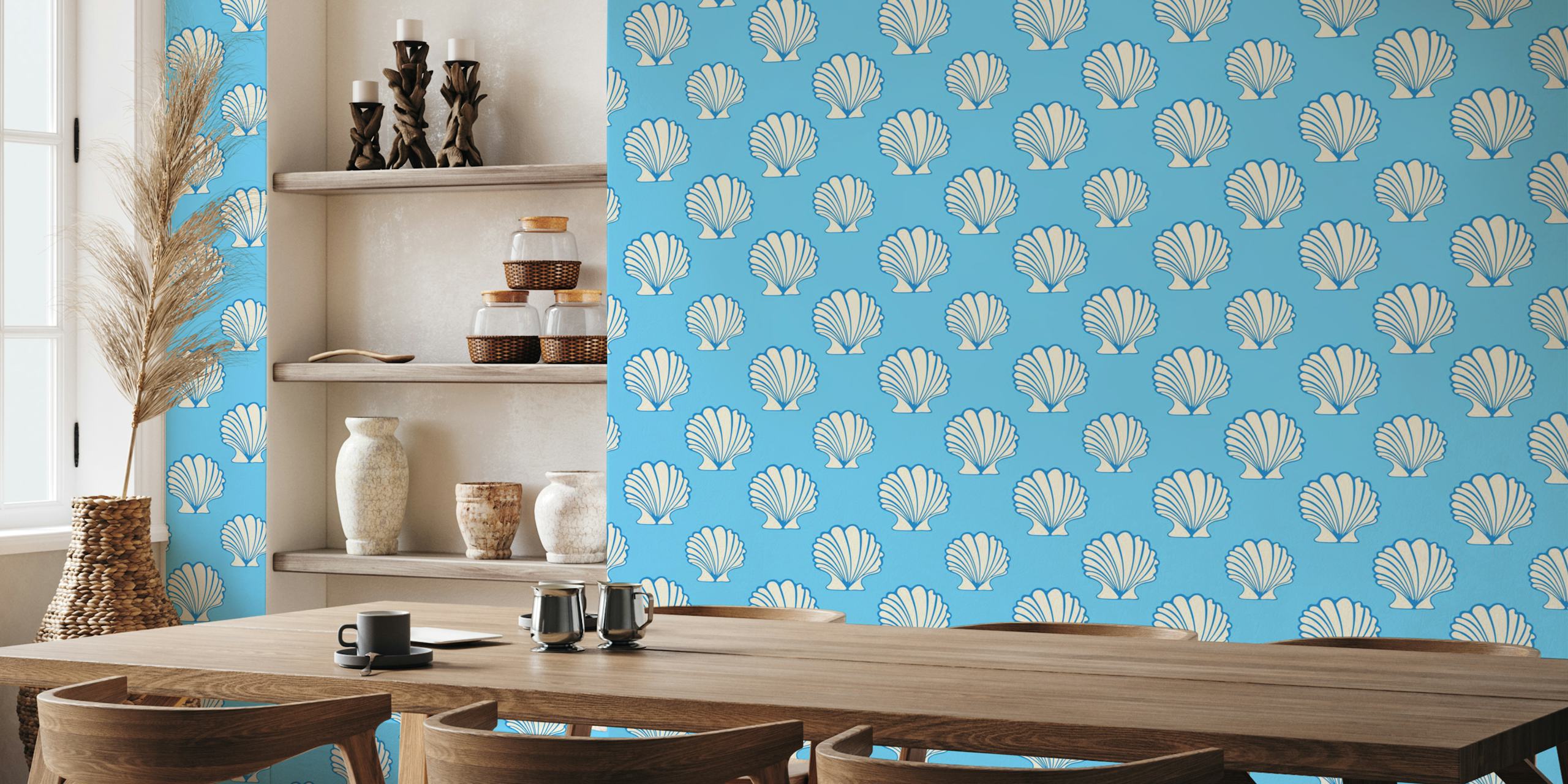 Blue and white scallop seashells pattern wallpaper