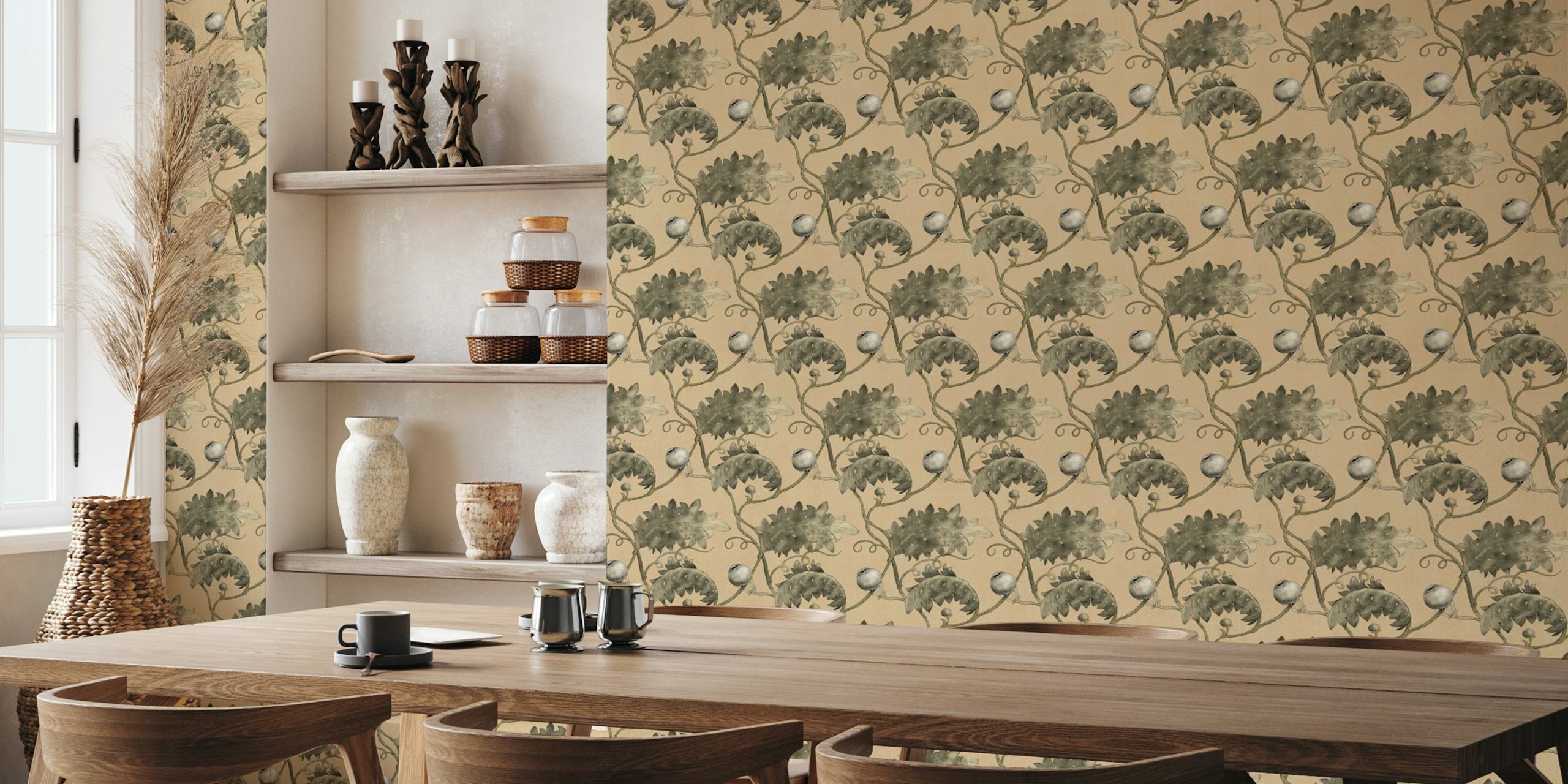 Beige floral wallpaper with bird motifs and leafy patterns