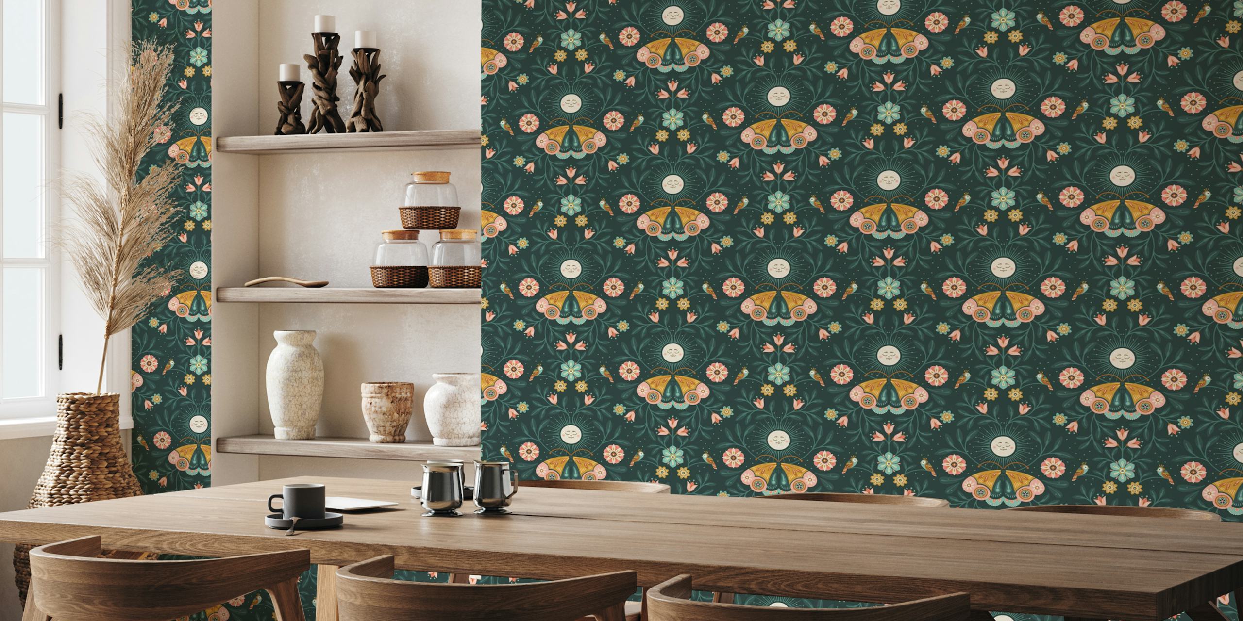 Lunar Moth floral design with pink flowers and green leaves wallpaper