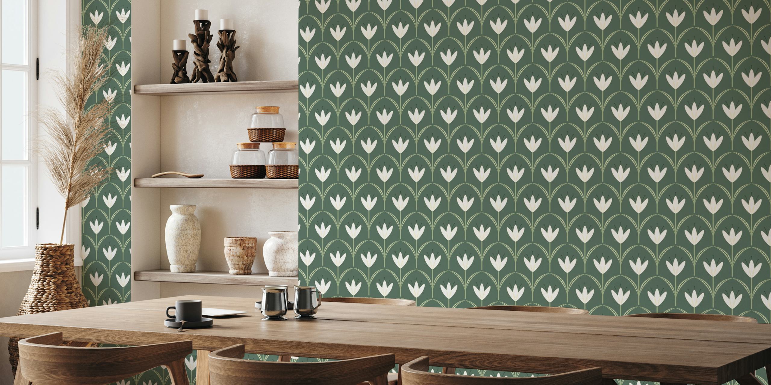 Papel pintado floral minimalista con flores blancas Classical simple flowers sage small