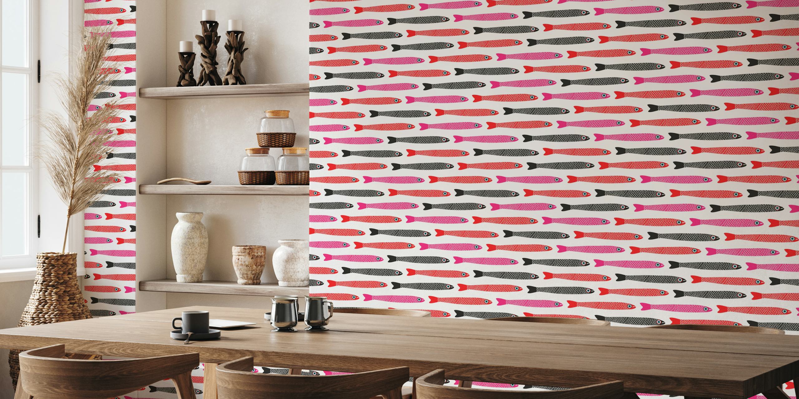 Retro Fish Pattern Wallpaper In A Bright Room