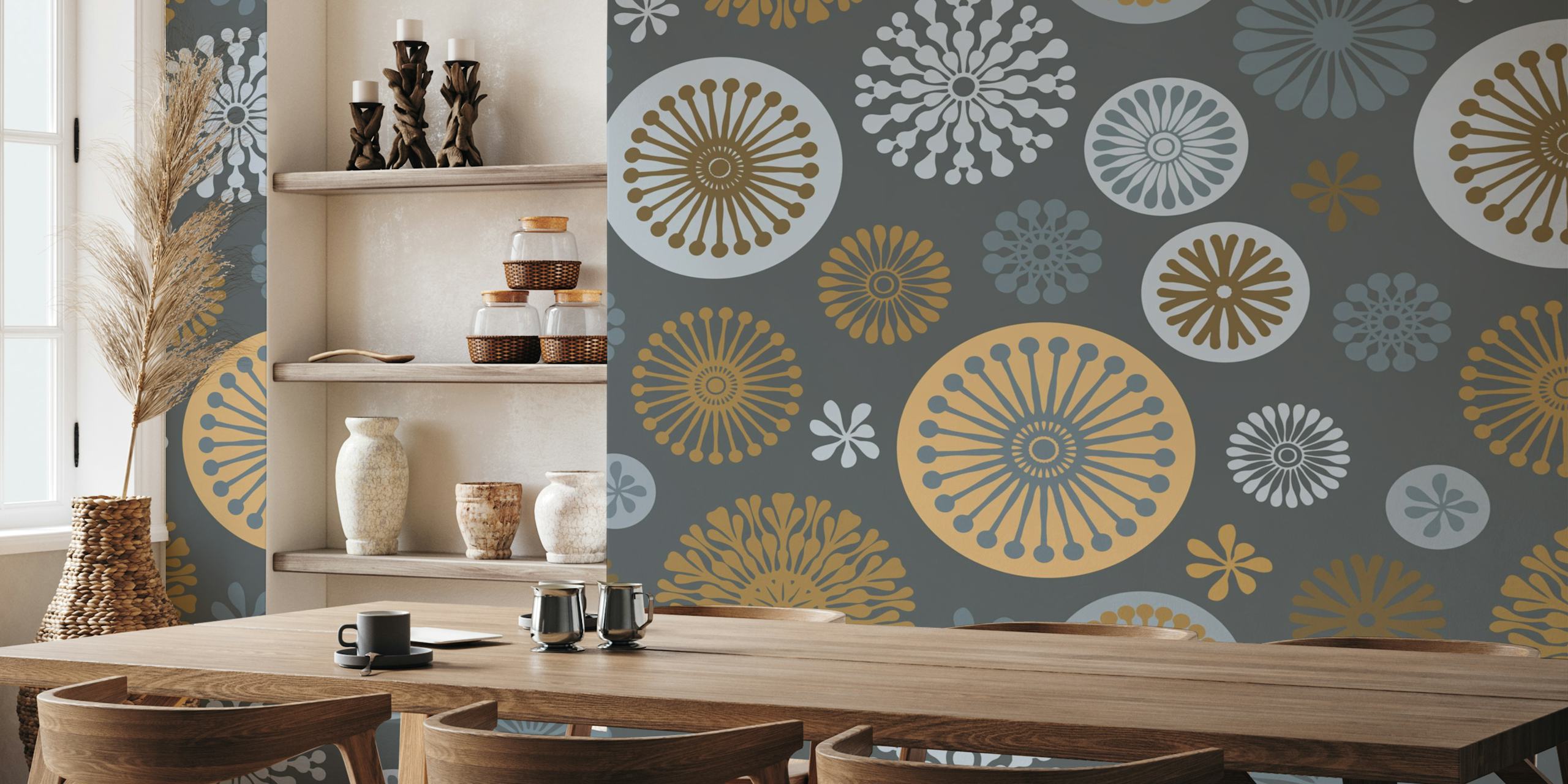 Retro Vibe Stylized Flowers Tapete in einem Raum