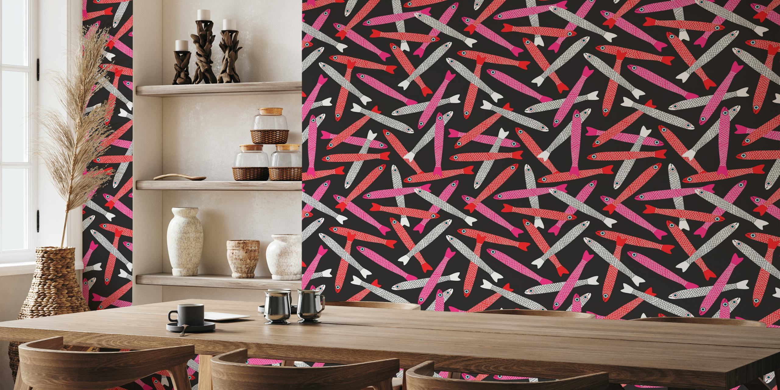 Anchovies Retro Fish Tossed Black Pattern Di Pesce In Una Stanza
