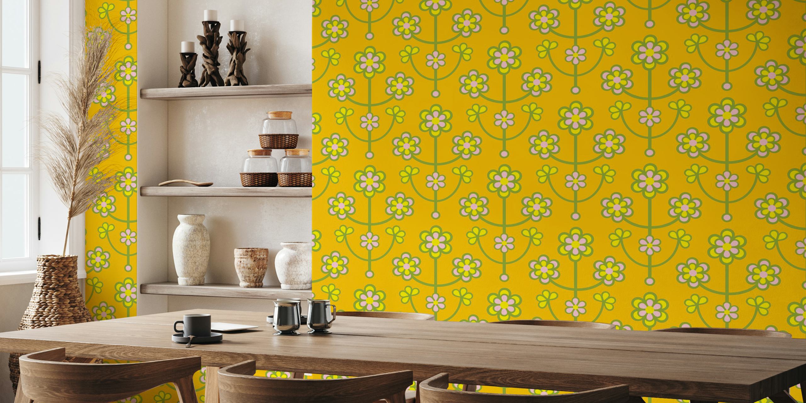 Yellow floral wallpaper design in a room